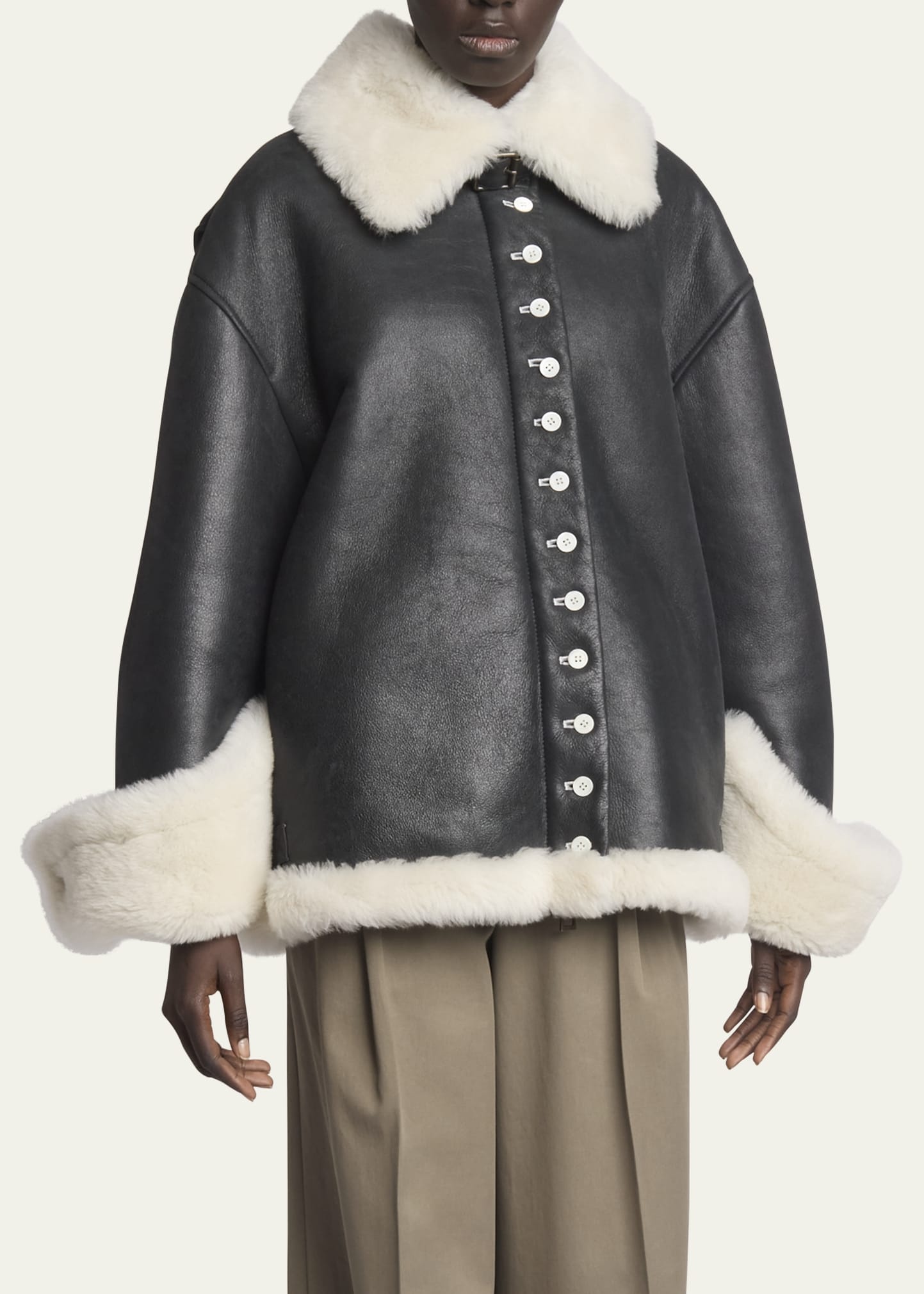 Leather Button-Front Jacket with Shearling Lining - 4