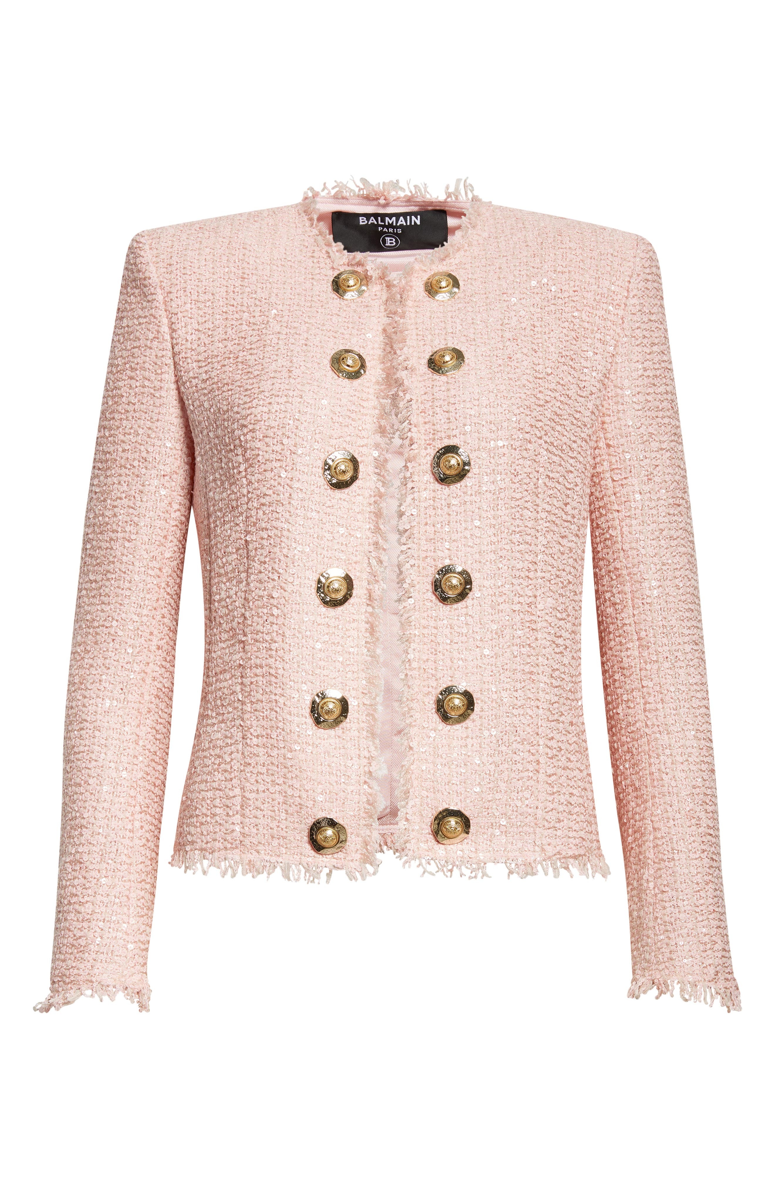 Balmain Glitter Embellished Silk Tweed Spencer Jacket in 4Cu Pink at Nordstrom - 7