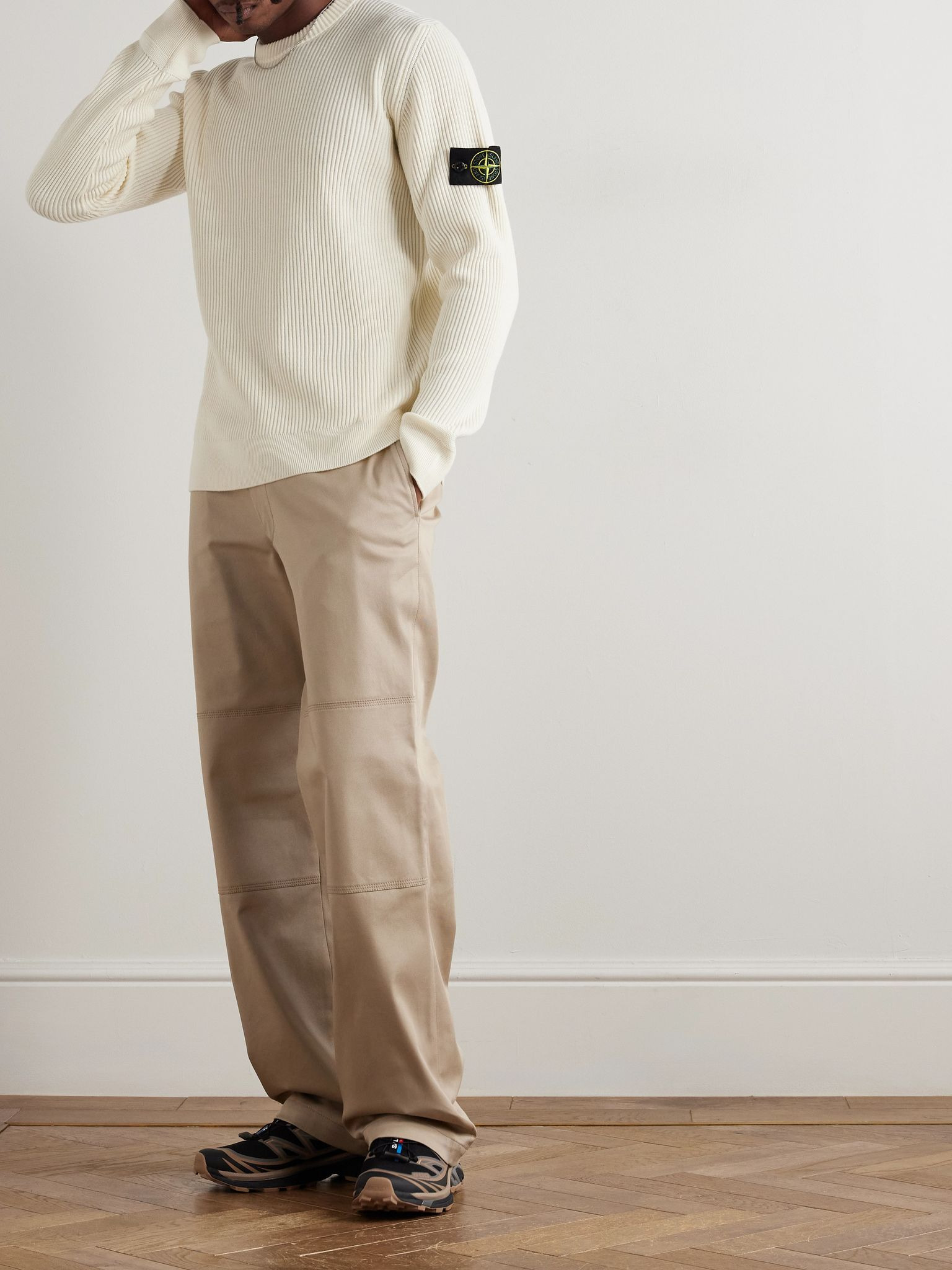 Logo-Appliquéd Ribbed Wool Sweater Ivory - 2