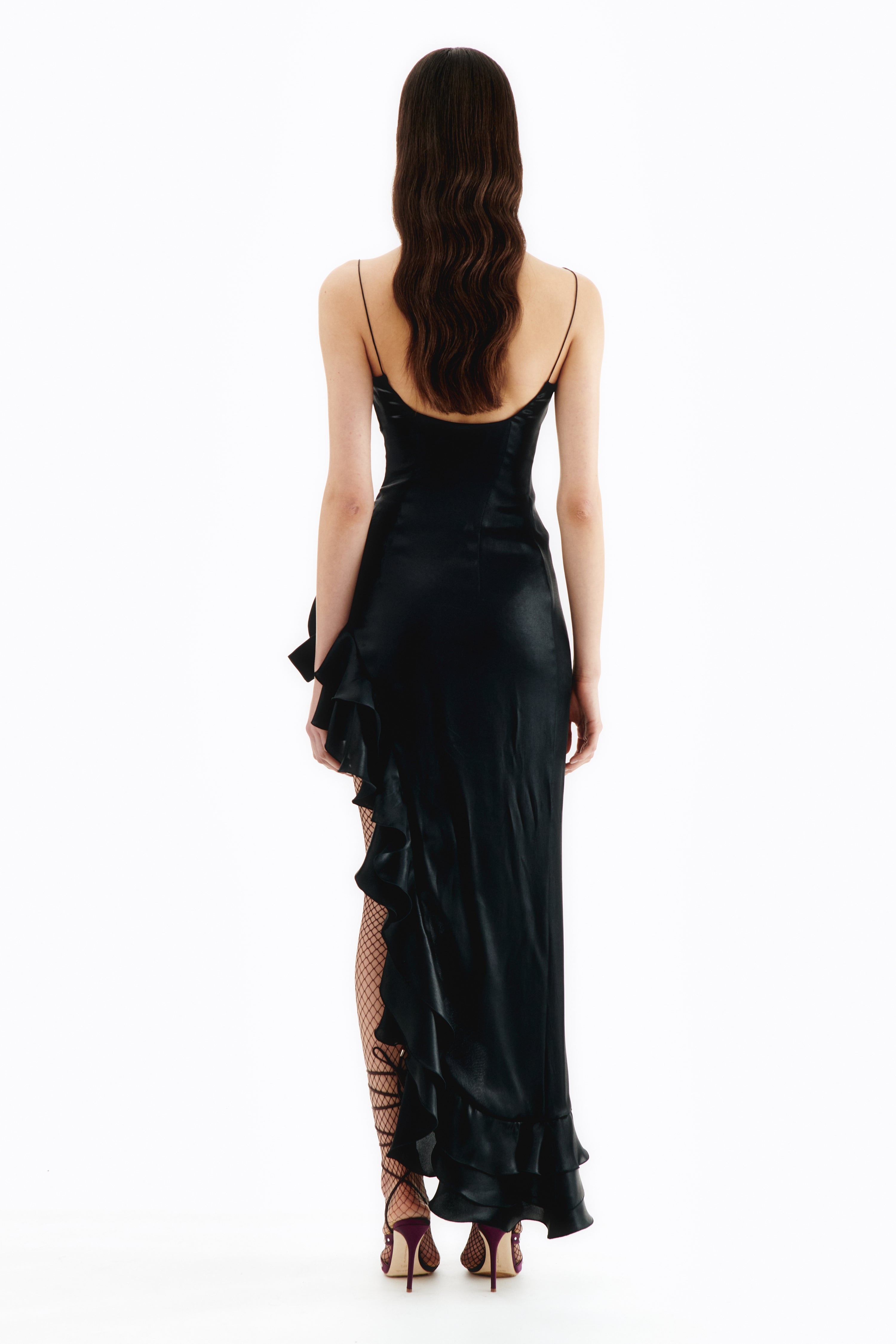 LAMINATED SILK EVENING DRESS WITH VOLANT - 4