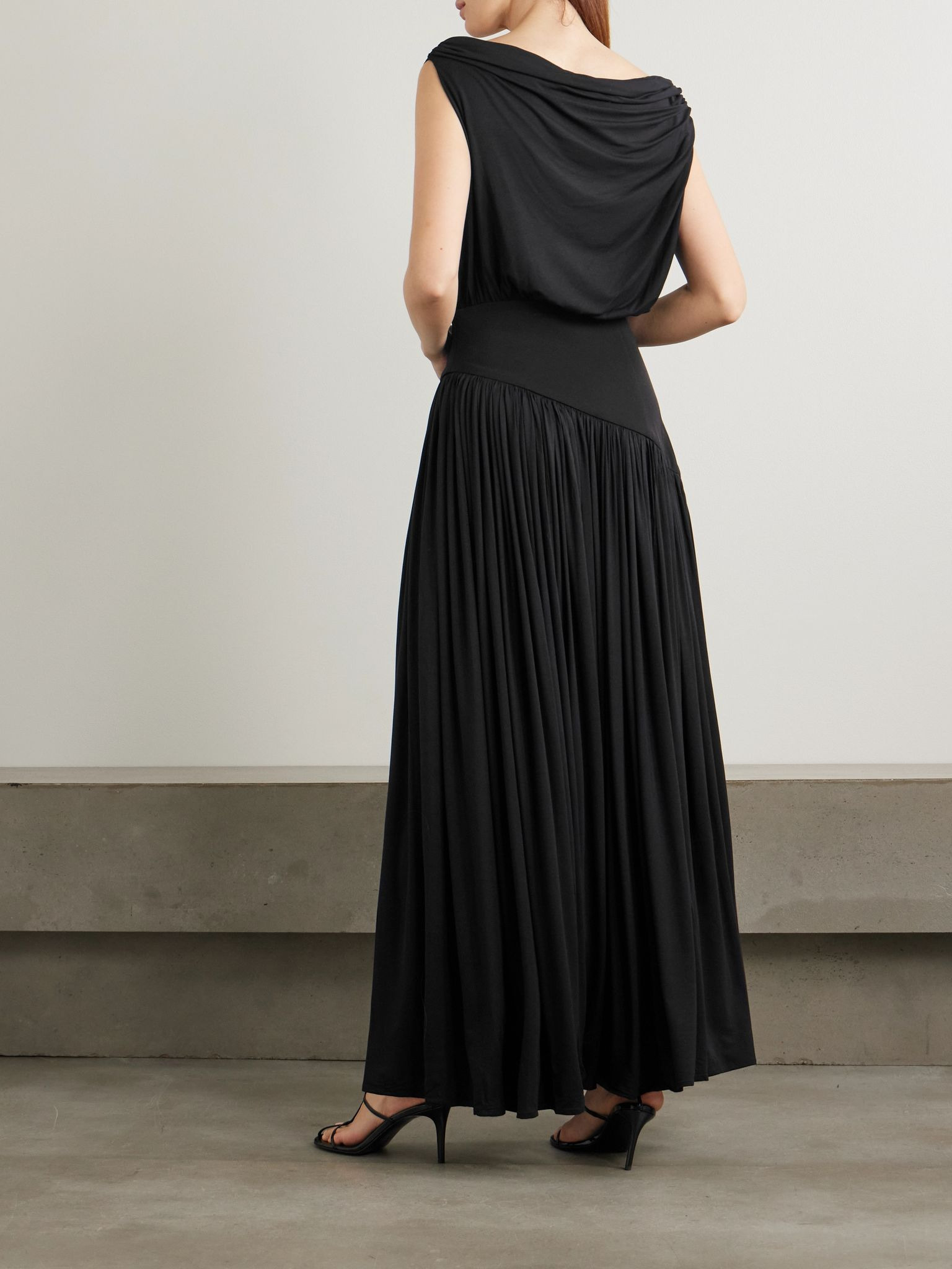 One-shoulder asymmetric draped jersey-trimmed stretch-bamboo maxi dress Black - 3