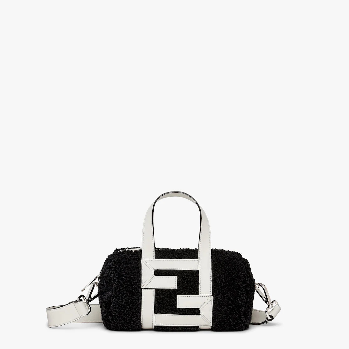 Mini bowling bag made of black sheepskin with white leather appliqués which create an FF motif. Line - 1