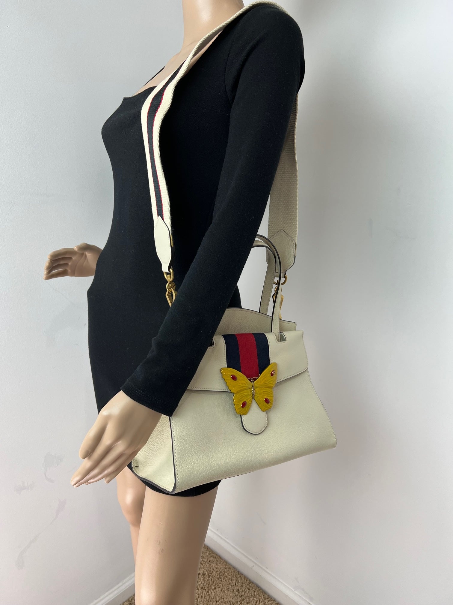 GUCCI Linea Medium Totem Web Stripped Yellow Butterfly Top Handle Bag Preowned - 11