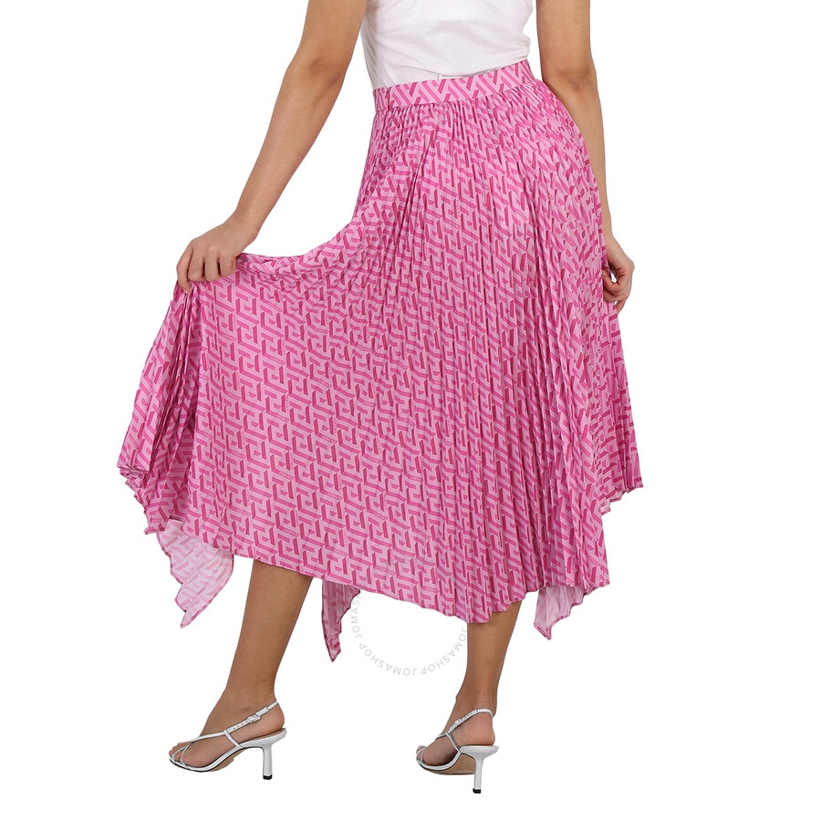 Versace Ladies Pink/Fuxia La Greca Pleated Midi Skirt - 6