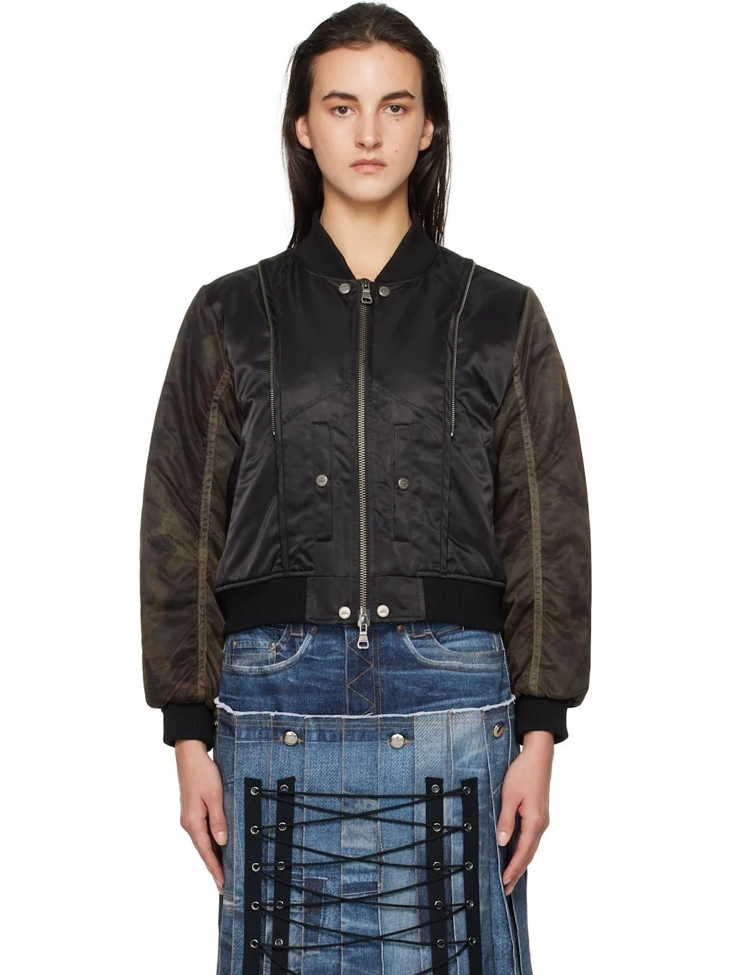 Black Mesh Sleeve Bomber Jacket - 1