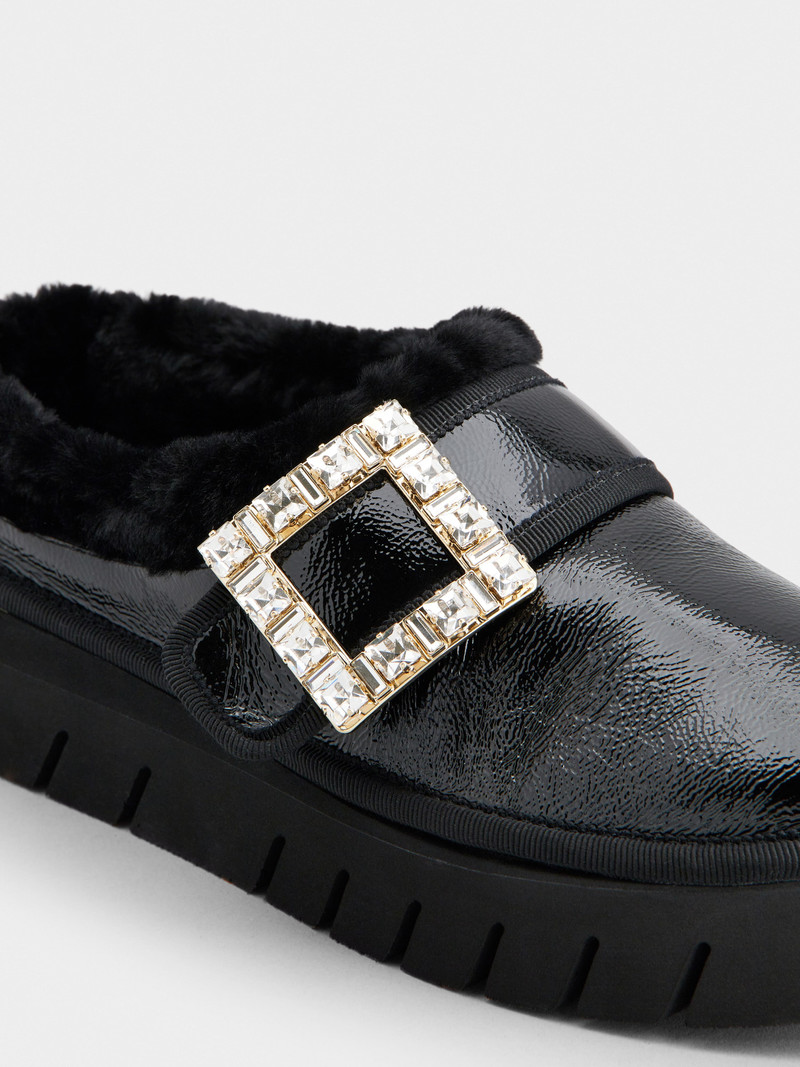 Viv' Winter Fur Strass Buckle Slippers in Patent Leather 3