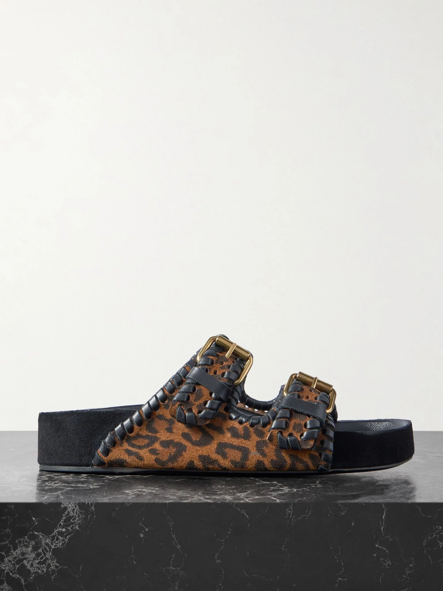 Lennyo leather-trimmed leopard-print suede slides Leopard print - 1