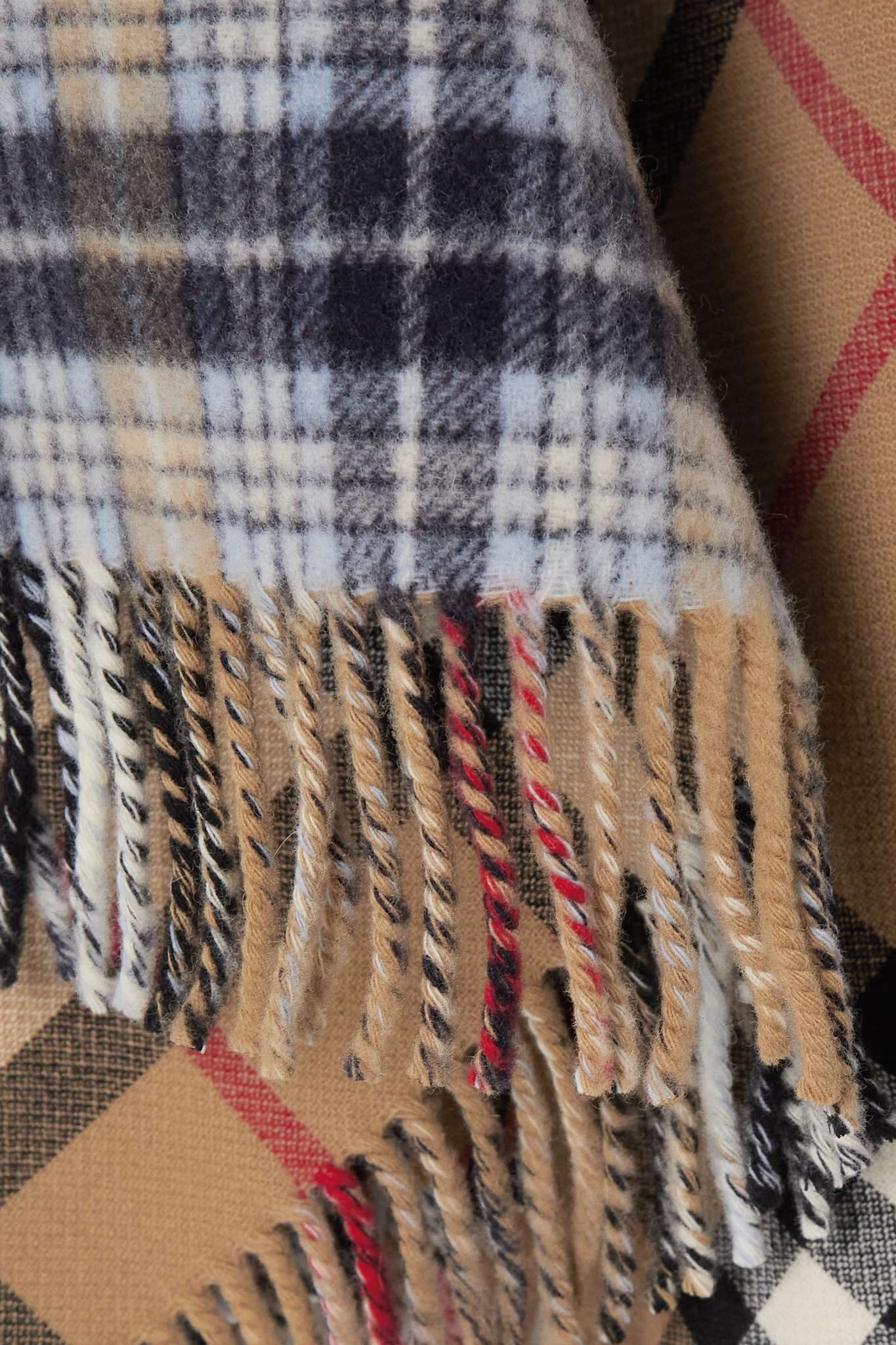 Leather-trimmed fringed checked wool wrap - 4