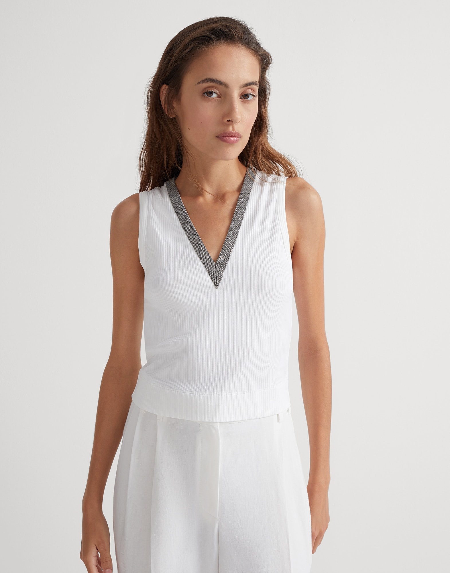 Stretch cotton ribbed jersey cropped top with precious neckline - 1
