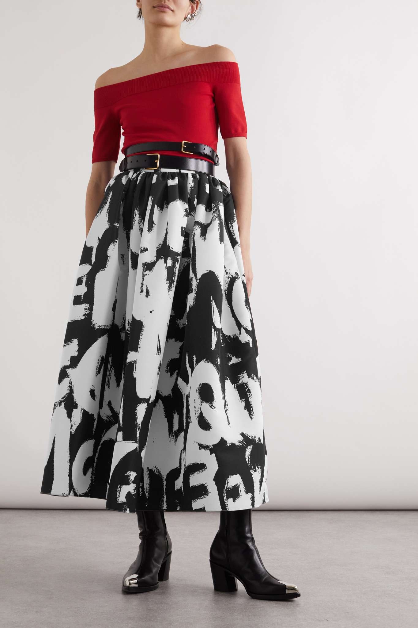 Graffiti pleated printed faille midi skirt - 5