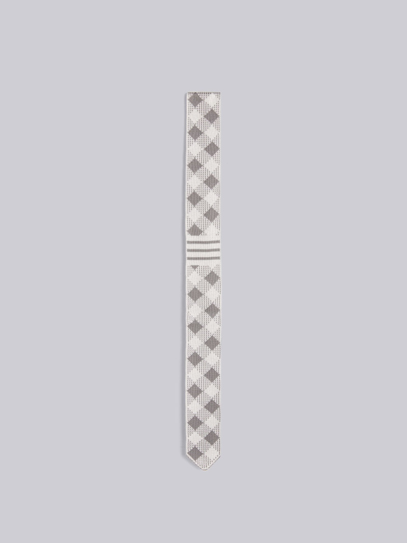 Light Grey Knitted Silk Jacquard Gingham Check 4-Bar Tie 1