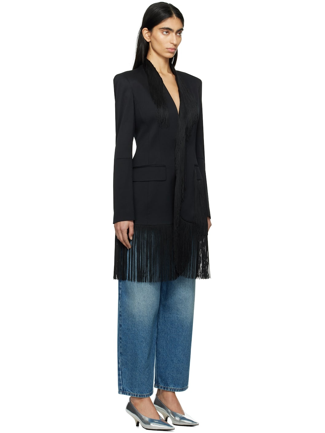 Black Wool Tailoring Fringe Blazer - 2