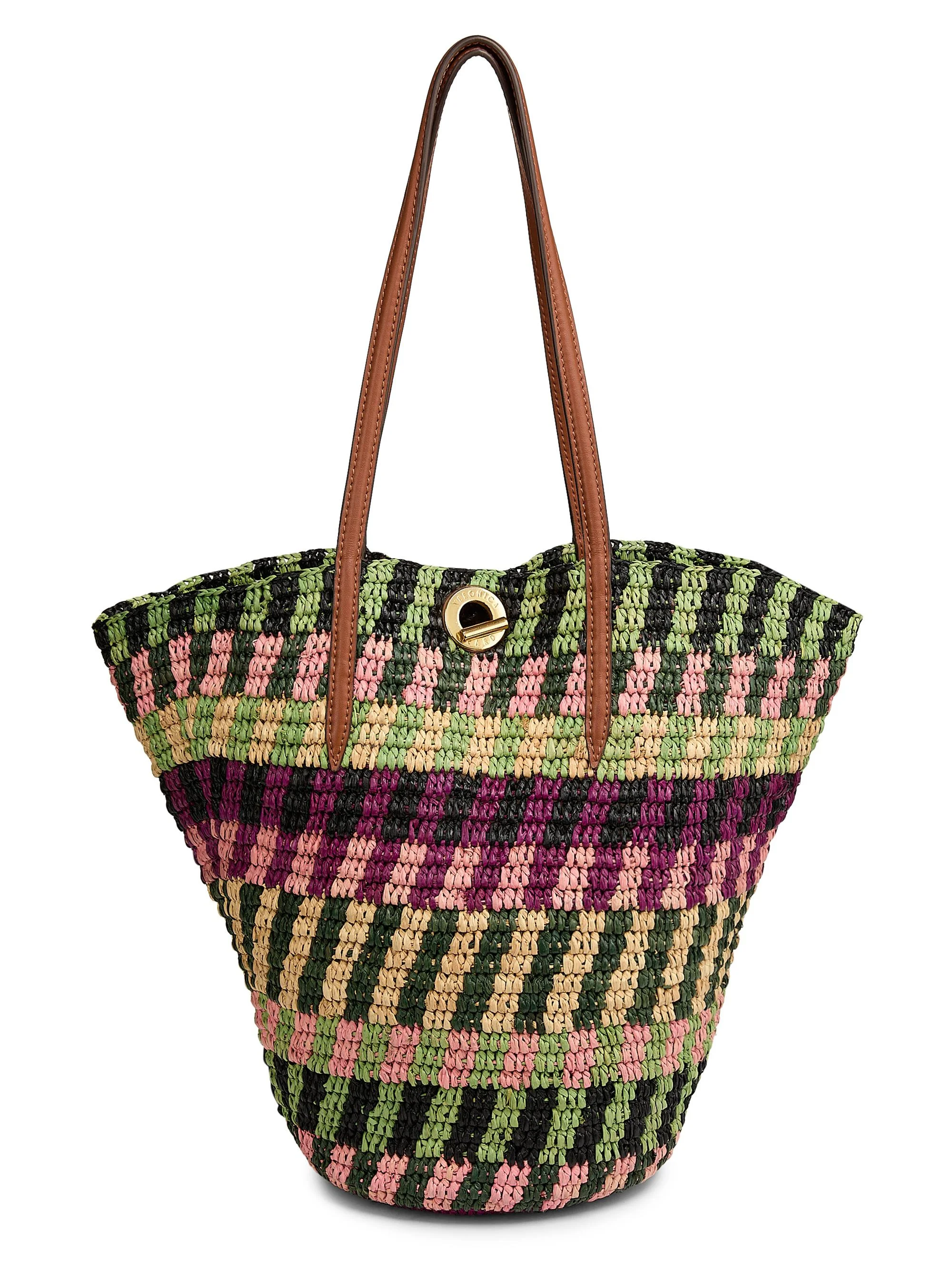 Women's Striped Raffia Tote Bag - Berry - 1