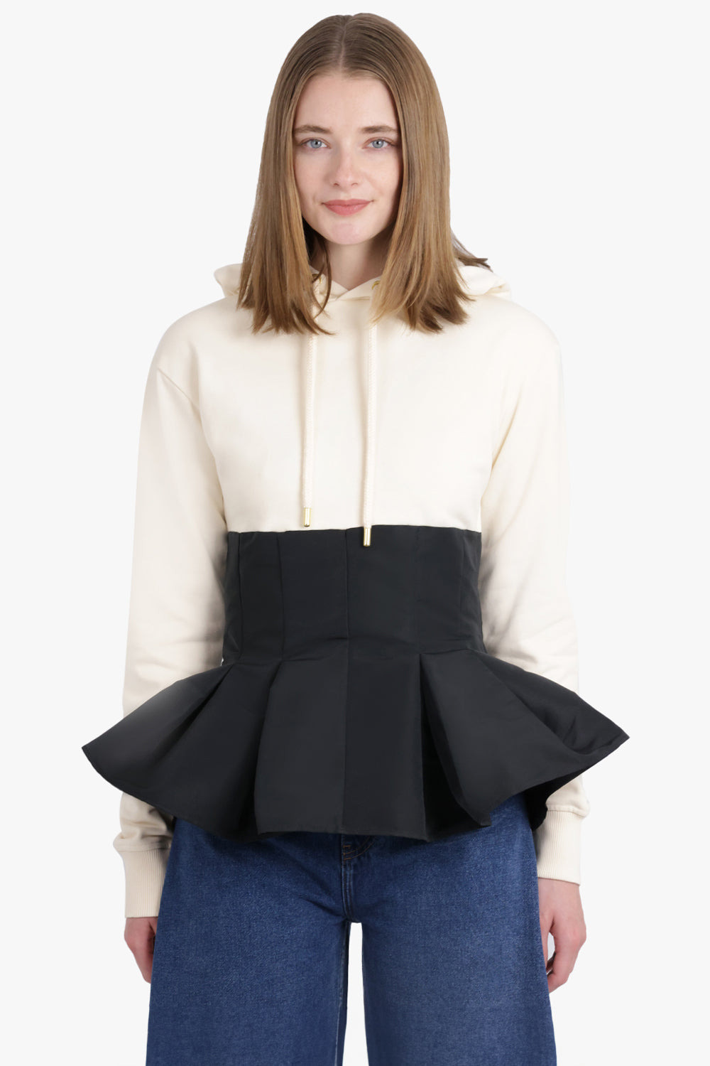 HOODED L/S SWEATSHIRT WITH PEPLUM DETAIL | CREAM/BLACK - 2