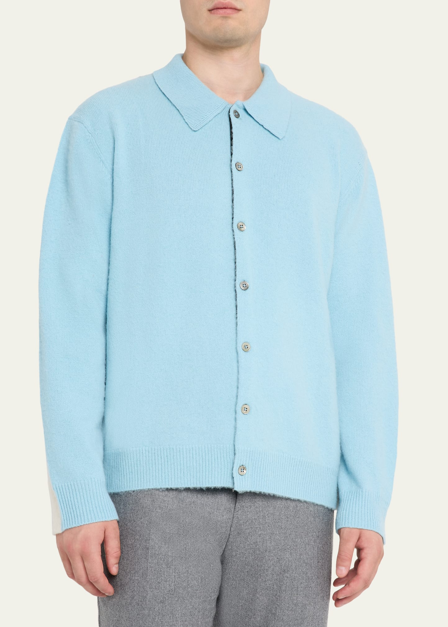 Men's Brushed Wool and Cashmere Color-Block Polo Cardigan - 4