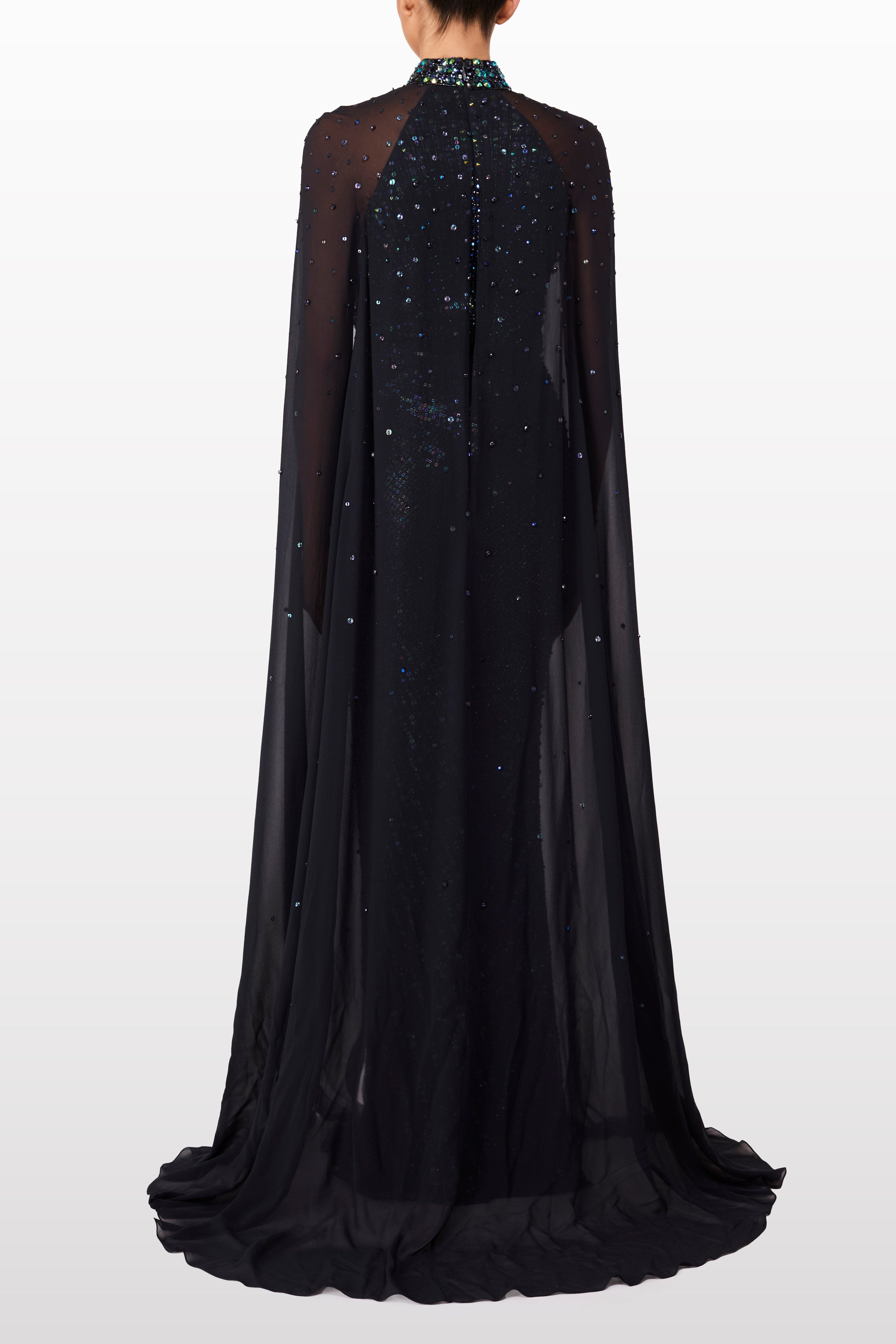 Jenny Packham Thea Embellished Cape Maxi Dress in Ink at Nordstrom - 3