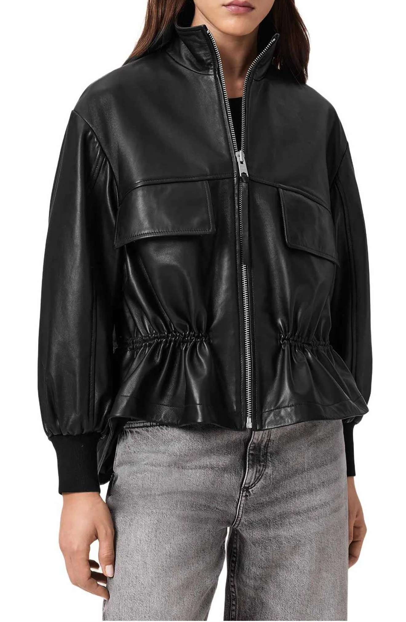 AllSaints Flor Leather Peplum Jacket in Black at Nordstrom - 1