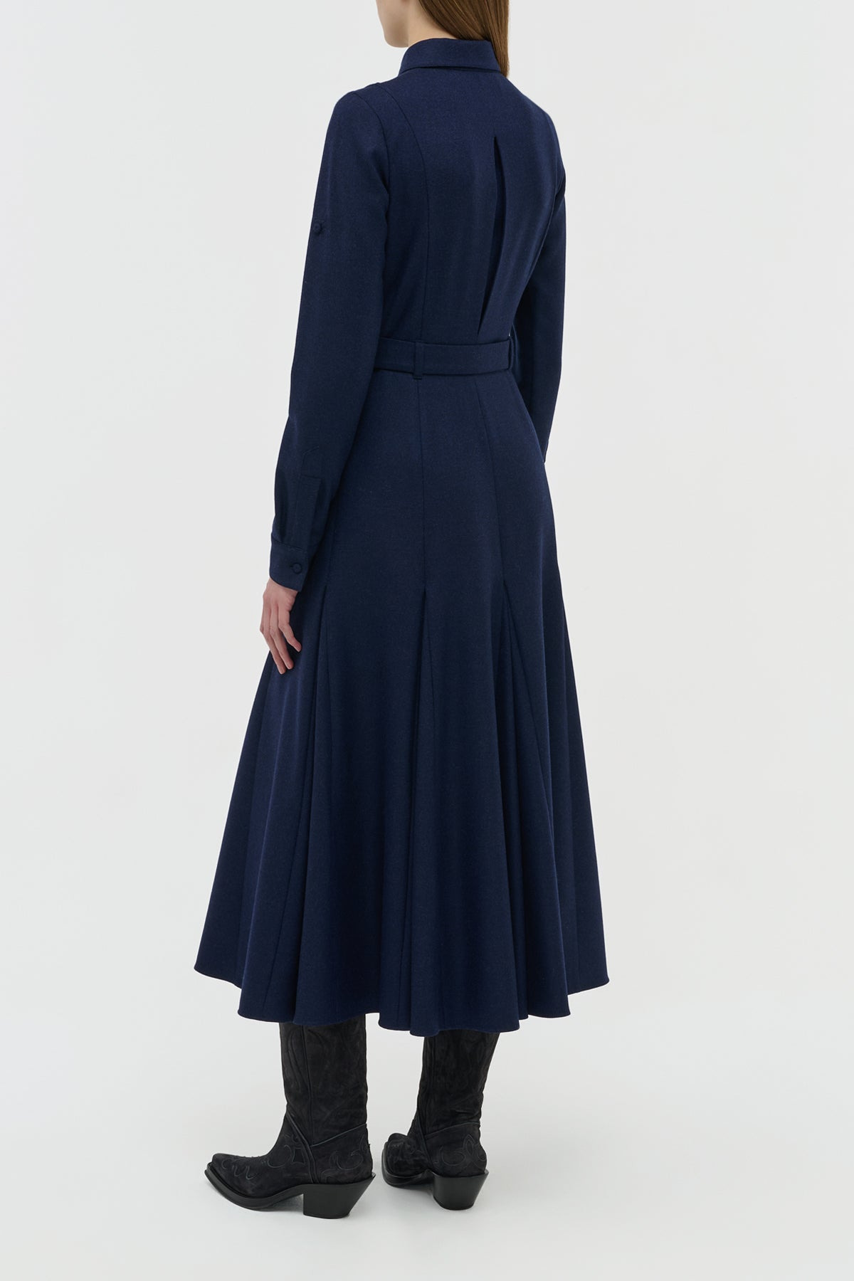 Meyer Pleated Maxi Shirtdress in Navy Wool Cashmere Flannel - 4
