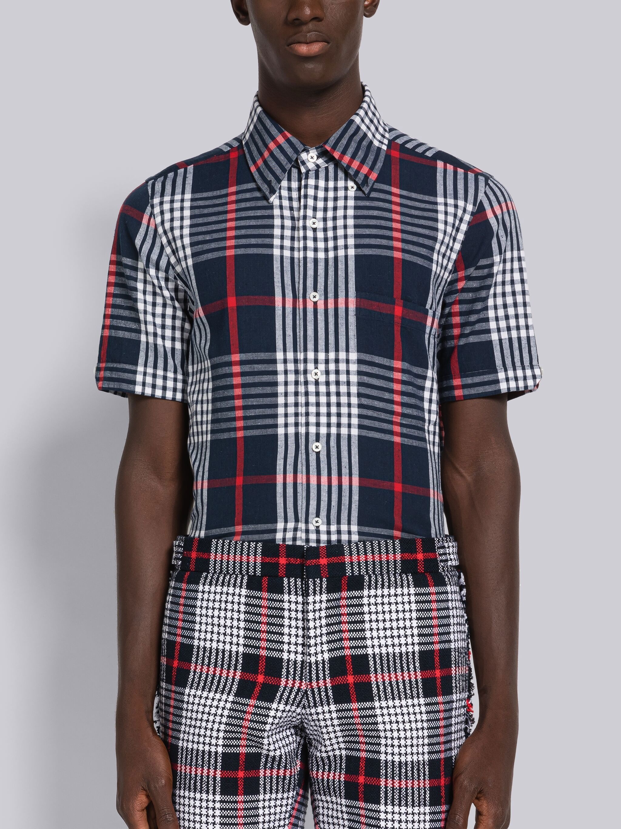 HAIRLINE CHECK MADRAS STRAIGHT FIT SHORT SLEEVE SHIRT - 1