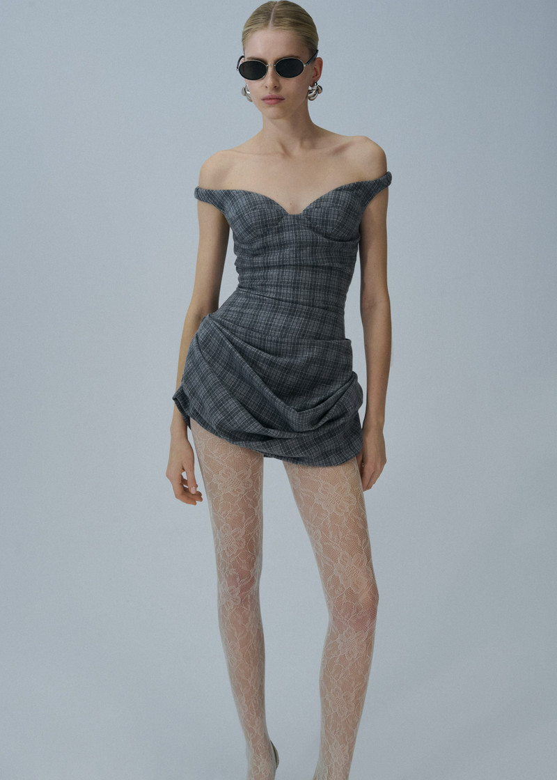 MAGDA BUTRYM Off-shoulder bustier dress in grey check outlook