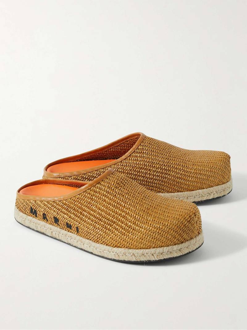 Fussbett Leather-Trimmed Logo-Embroidered Faux Raffia Mules 4