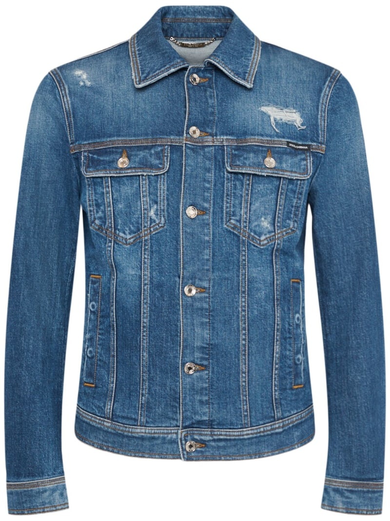 Distressed stretch cotton denim jacket - 1