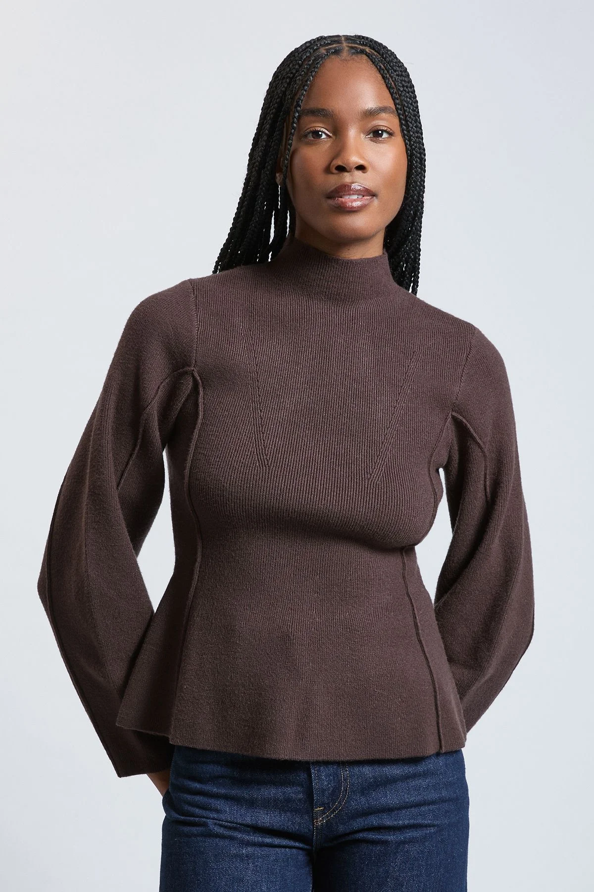 Knit Wool Look Rounded Sleeve High Neck Jumper - 1