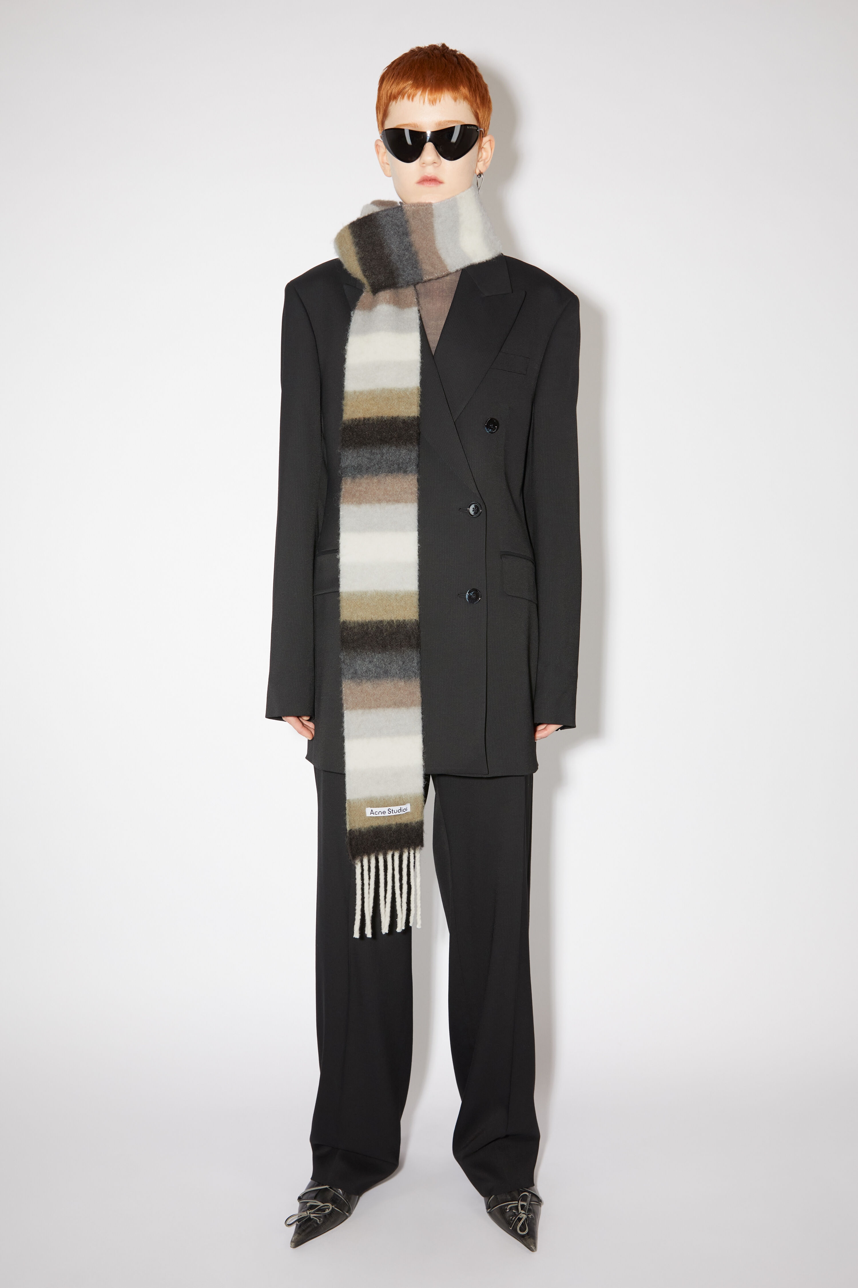Wool-apaca fringe scarf - Skinny - Olive green/grey - 2