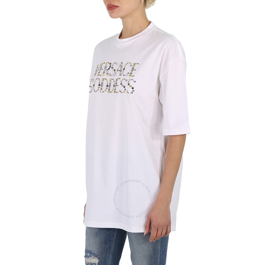 Versace Ladies Optical White Studded Versace Goddess Cotton T-Shirt - 5