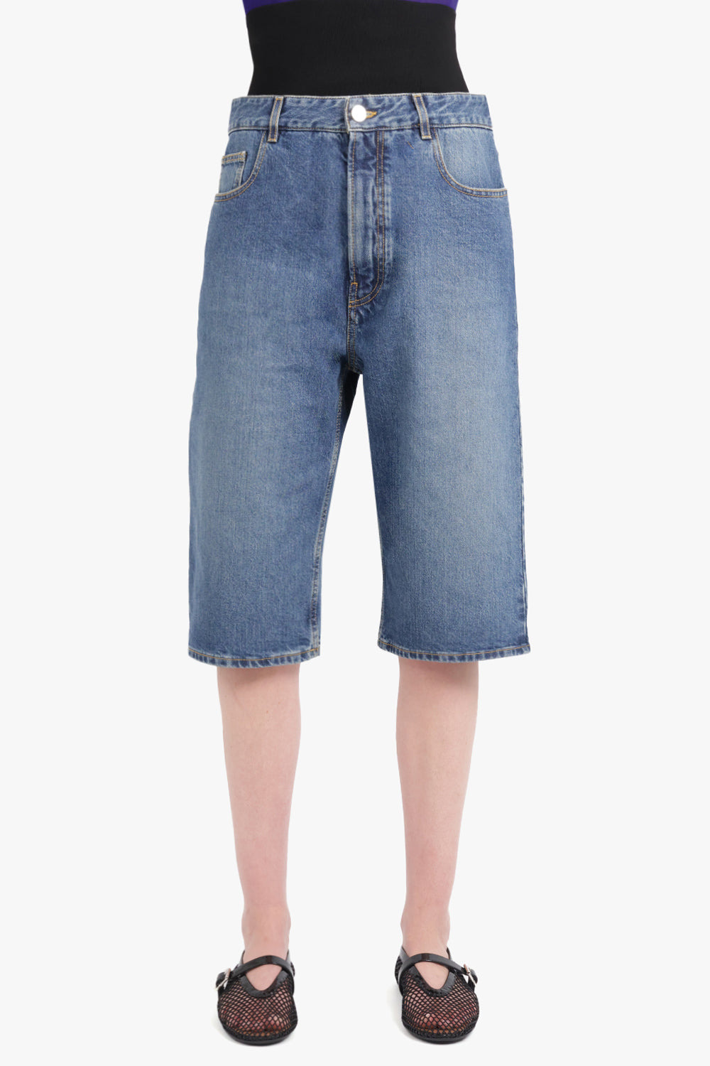 KNIT BAND DENIM JEAN SHORTS | BLUE/BLACK - 3