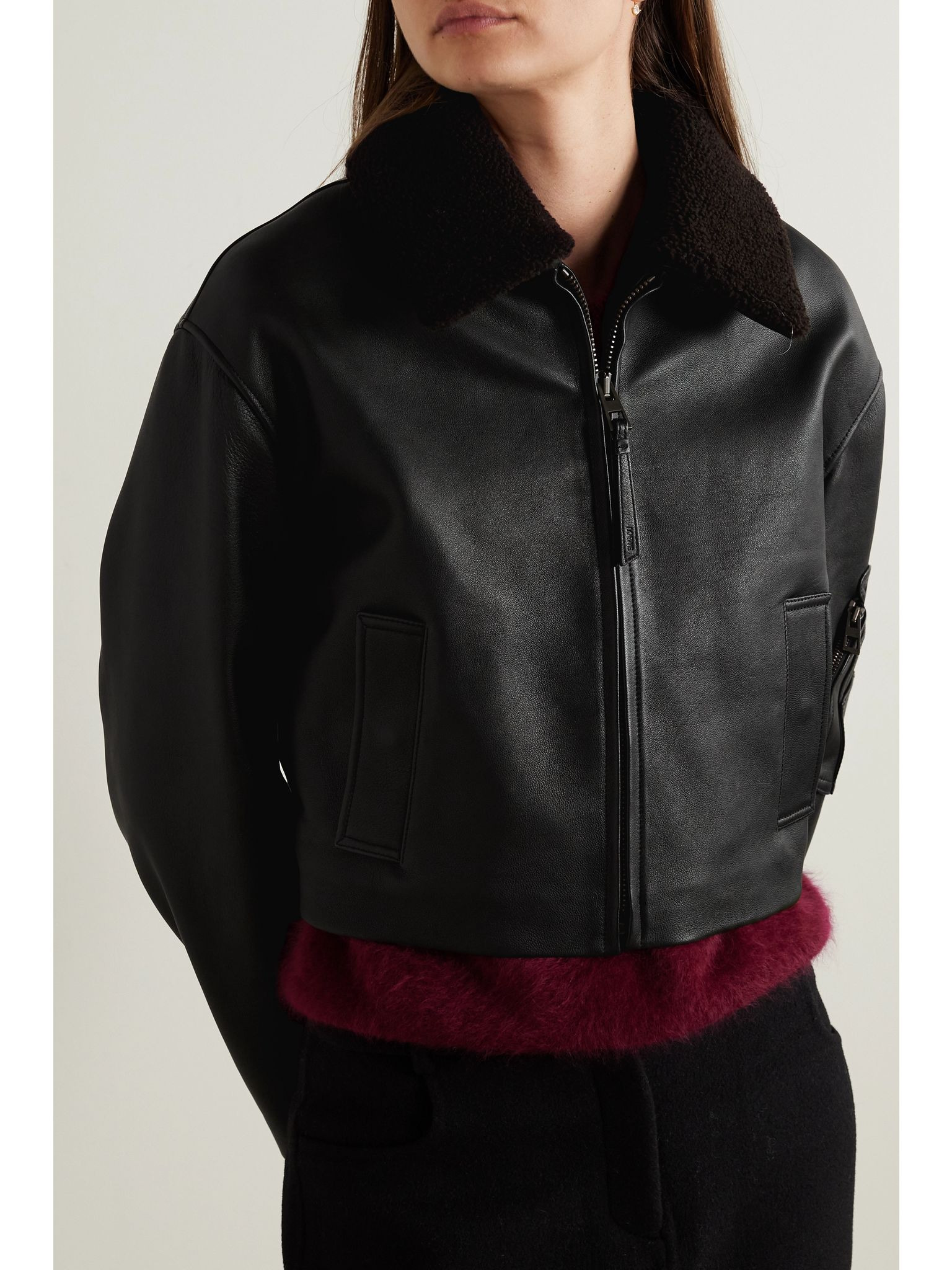 Cropped shearling-trimmed leather jacket Black - 3