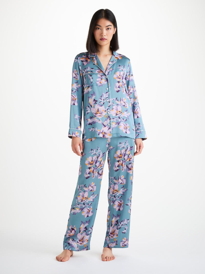 Derek Rose Women's Pajamas Silk Satin Blue Wildflower Pattern outlook