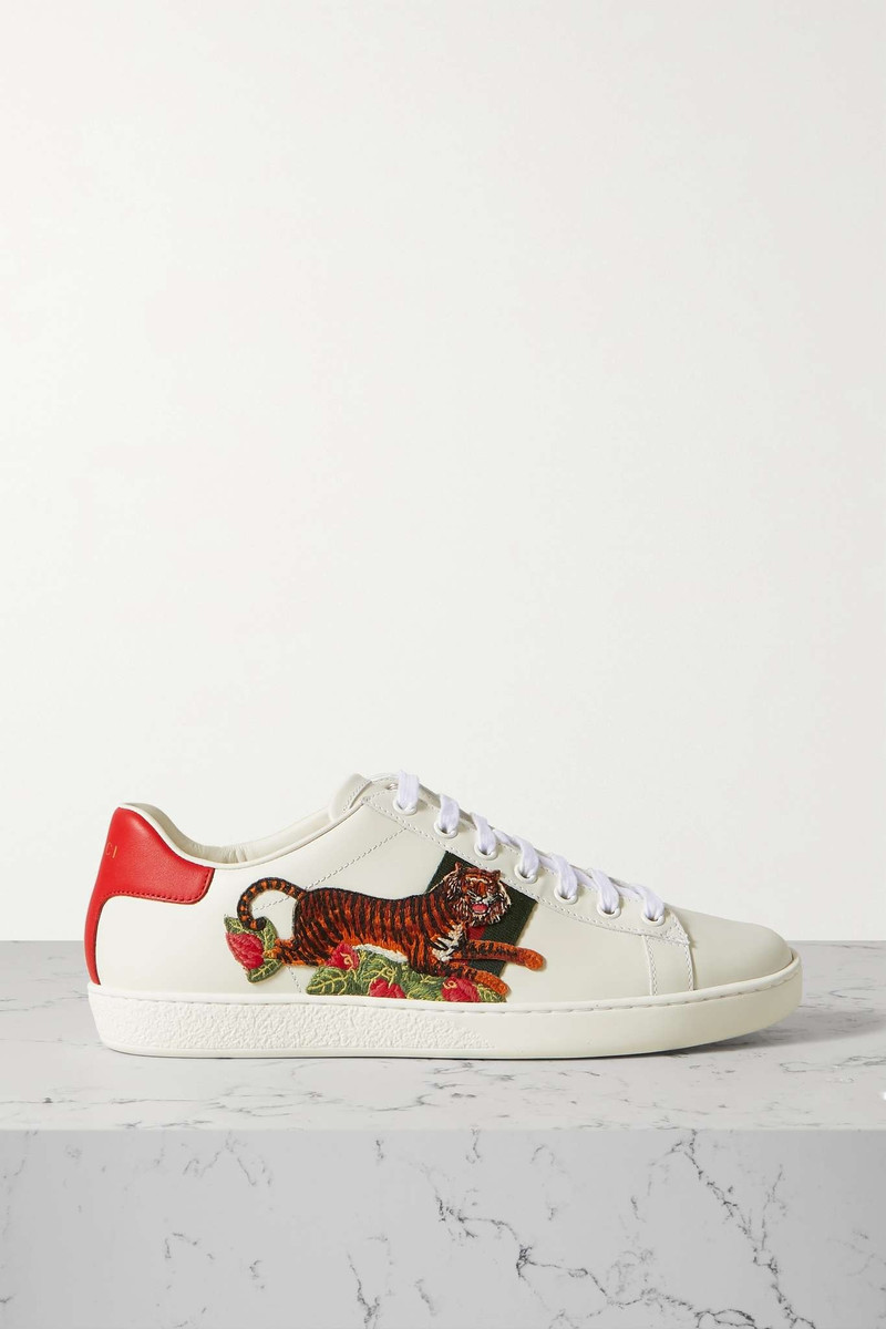 Ace appliquéd webbing-trimmed leather sneakers - 1