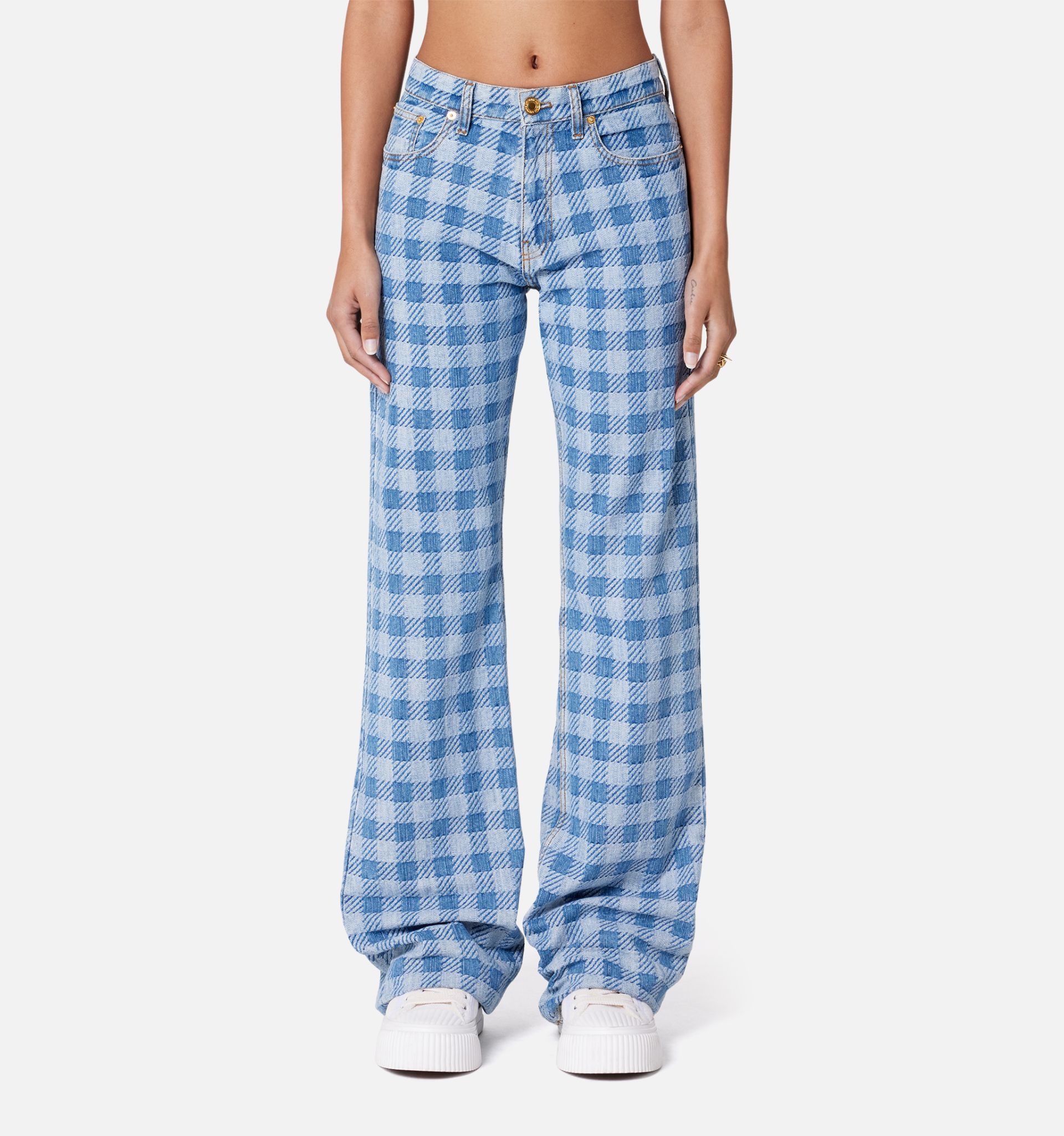 Gingham Pattern Jacquard Denim Boyfriend Fit Jeans - 2