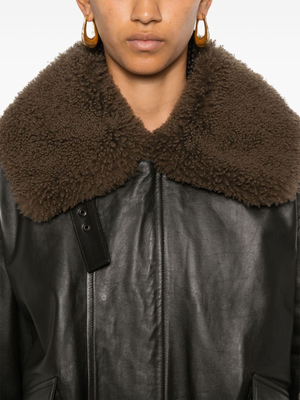 shearling collar leather jacket - 5