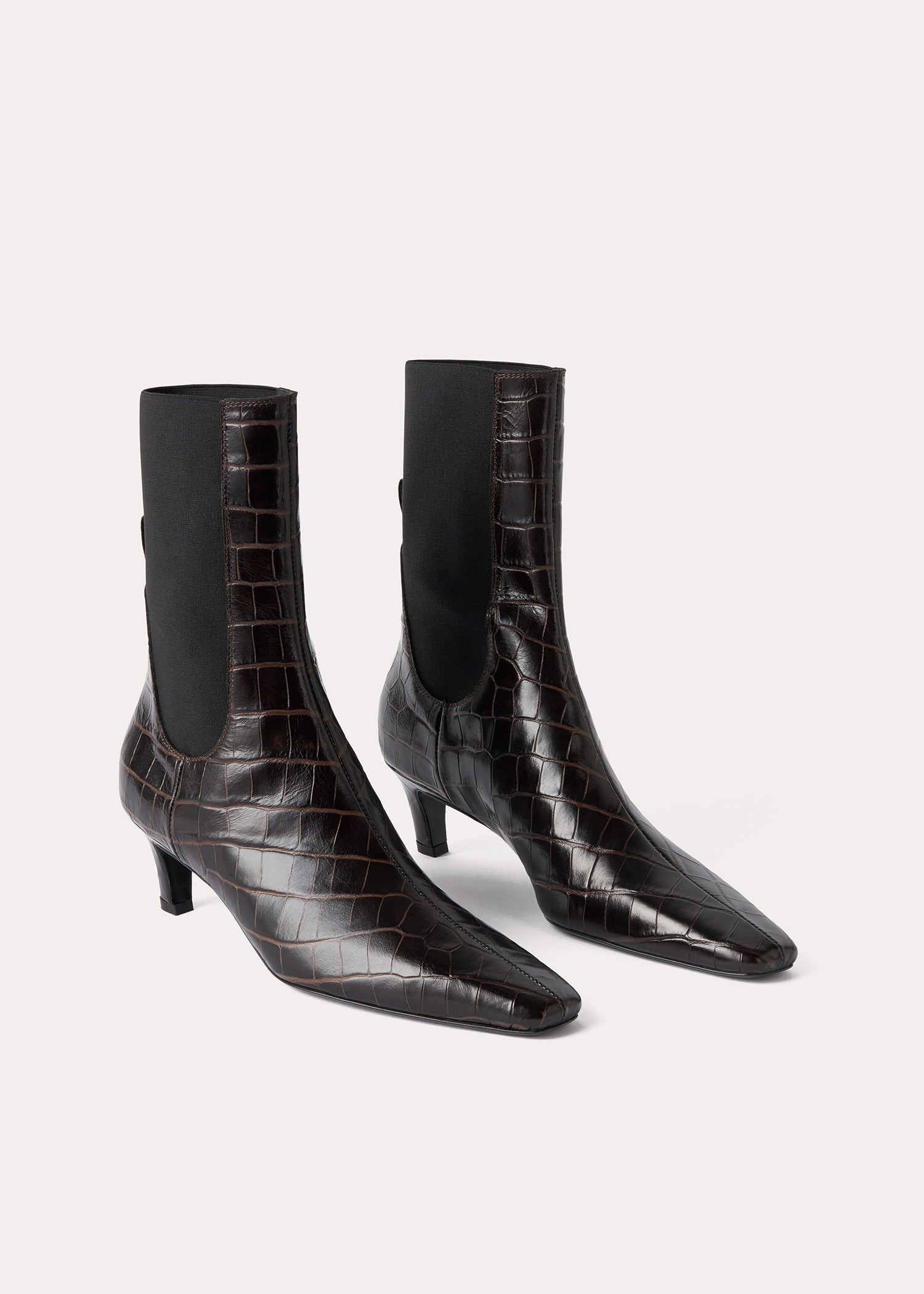 The Mid Heel Leather Boot dark brown croco - 4