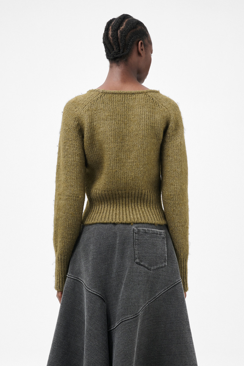 Sharp V-Neck Flush Green Rustic Wool Silk 7