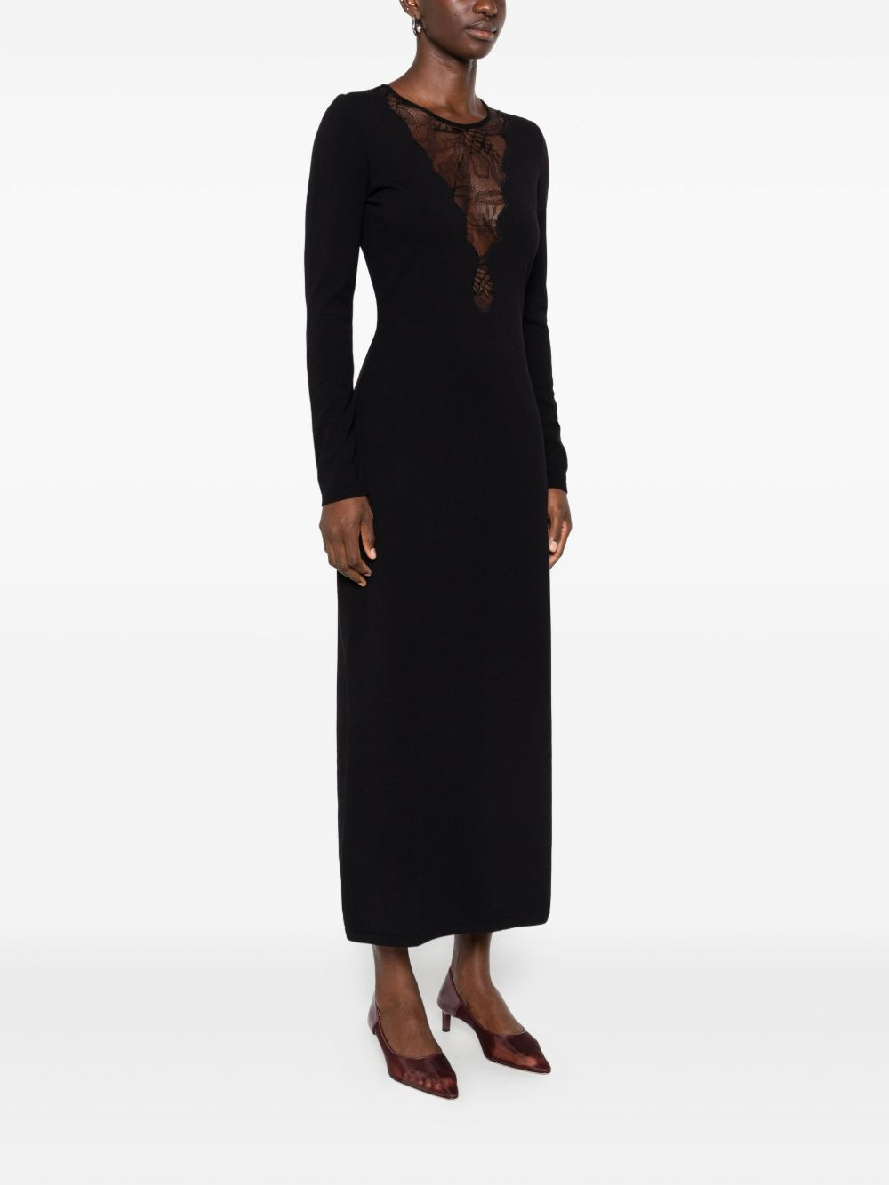 lace-insert long-sleeve midi dress - 3