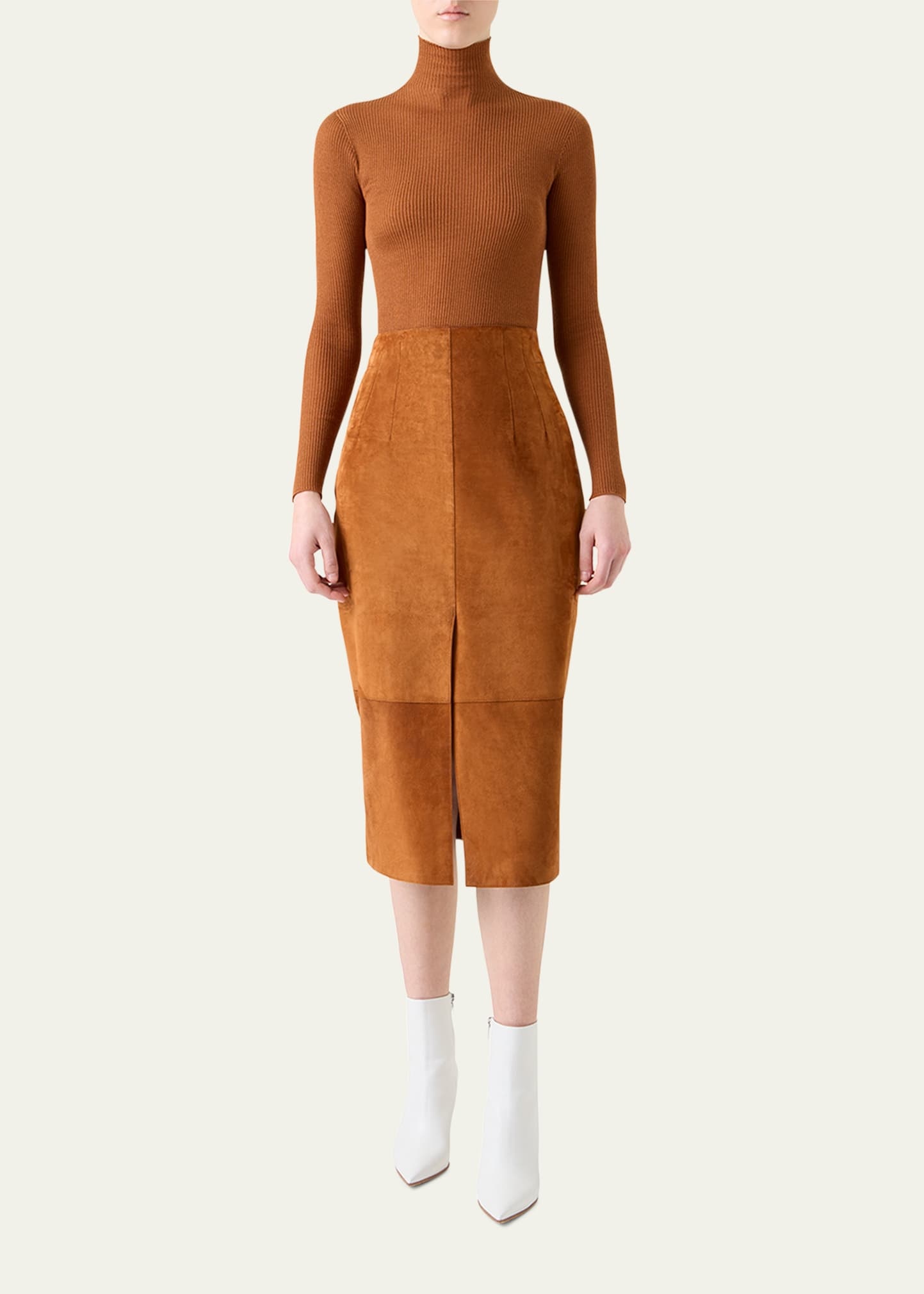Lamb Suede Slit Midi Pencil Skirt - 2