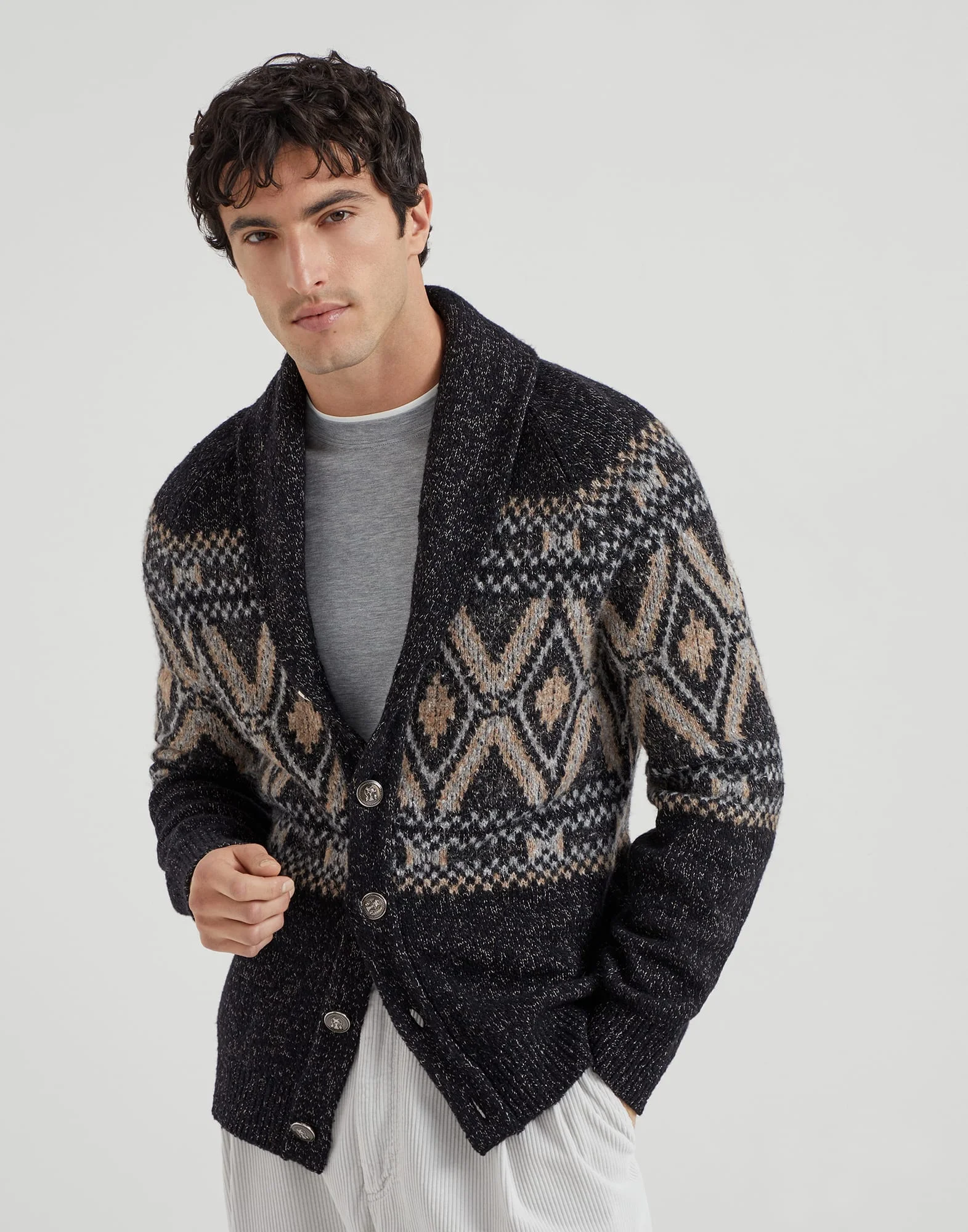 Geometric jacquard cardigan in mouliné virgin wool, silk and cashmere with metal buttons - 1