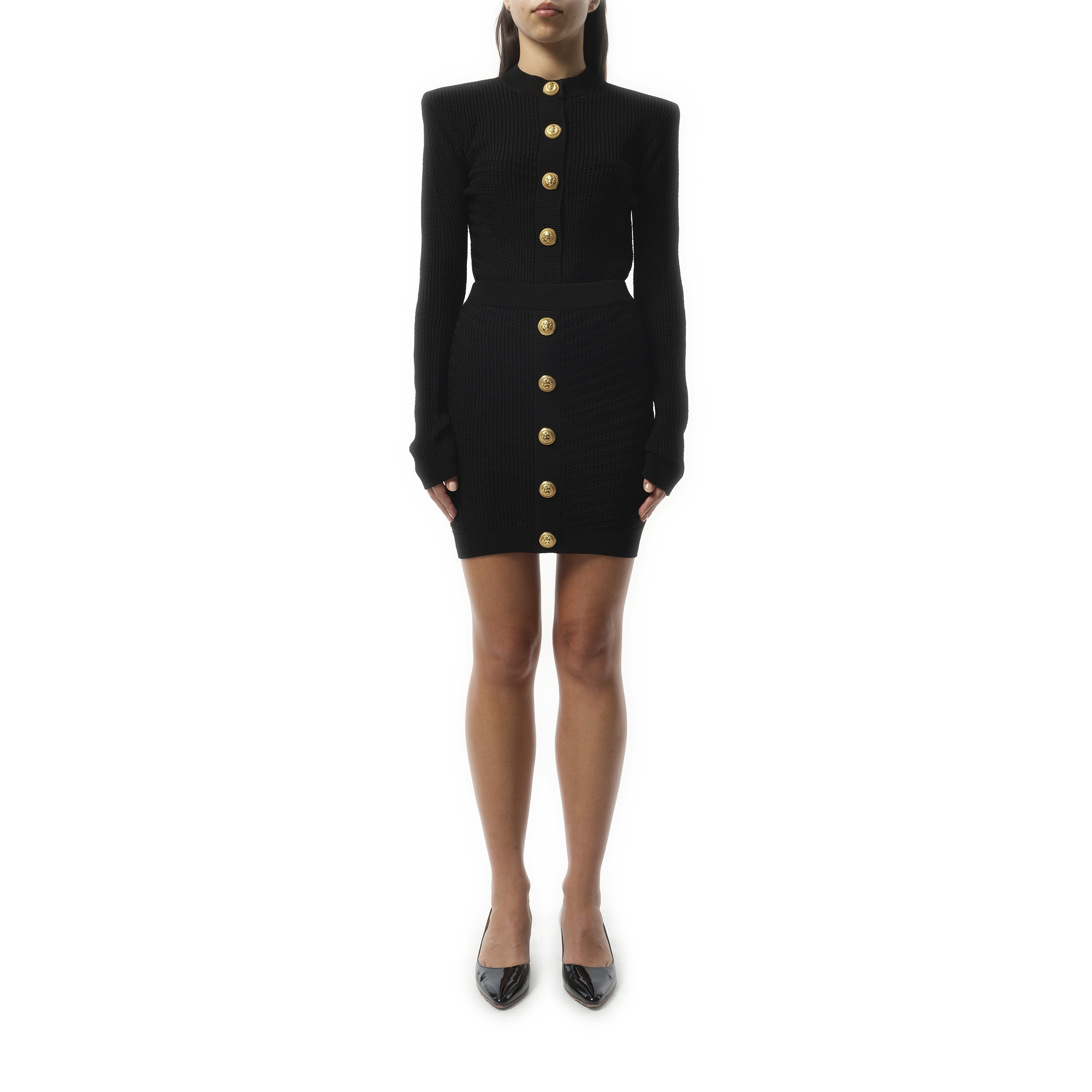 Buttoned Knit Short Skirt in Black - 4