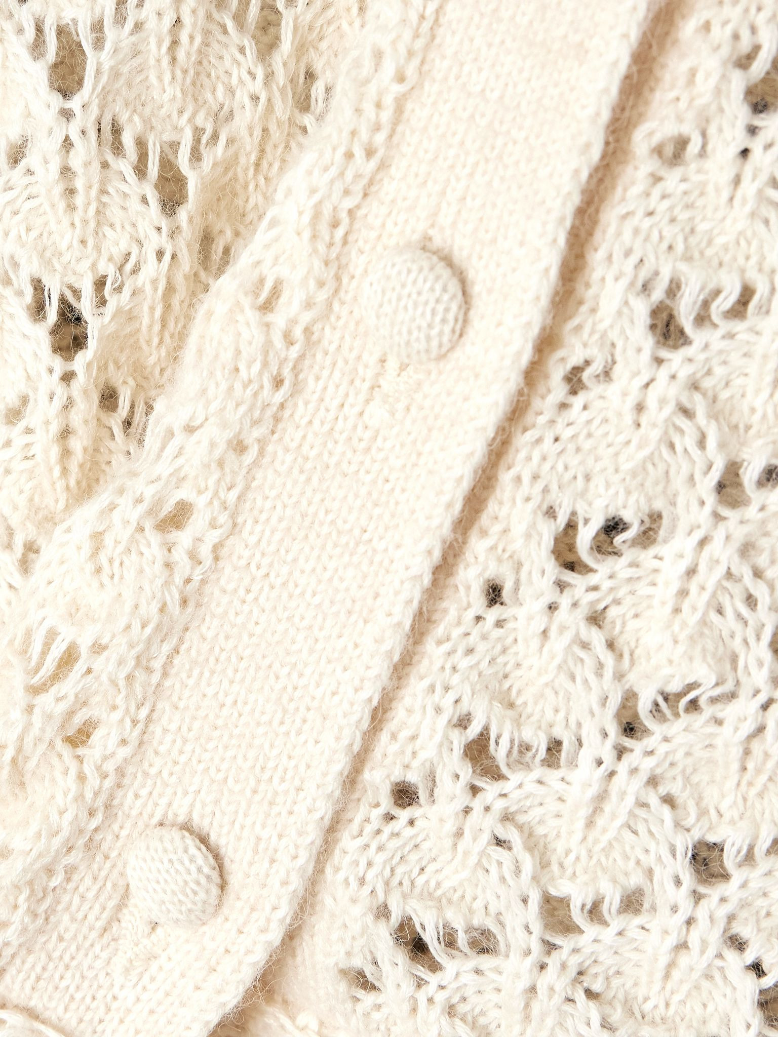 Cropped ruffled pointelle-knit cotton, alpaca and silk-blend cardigan Cream - 4