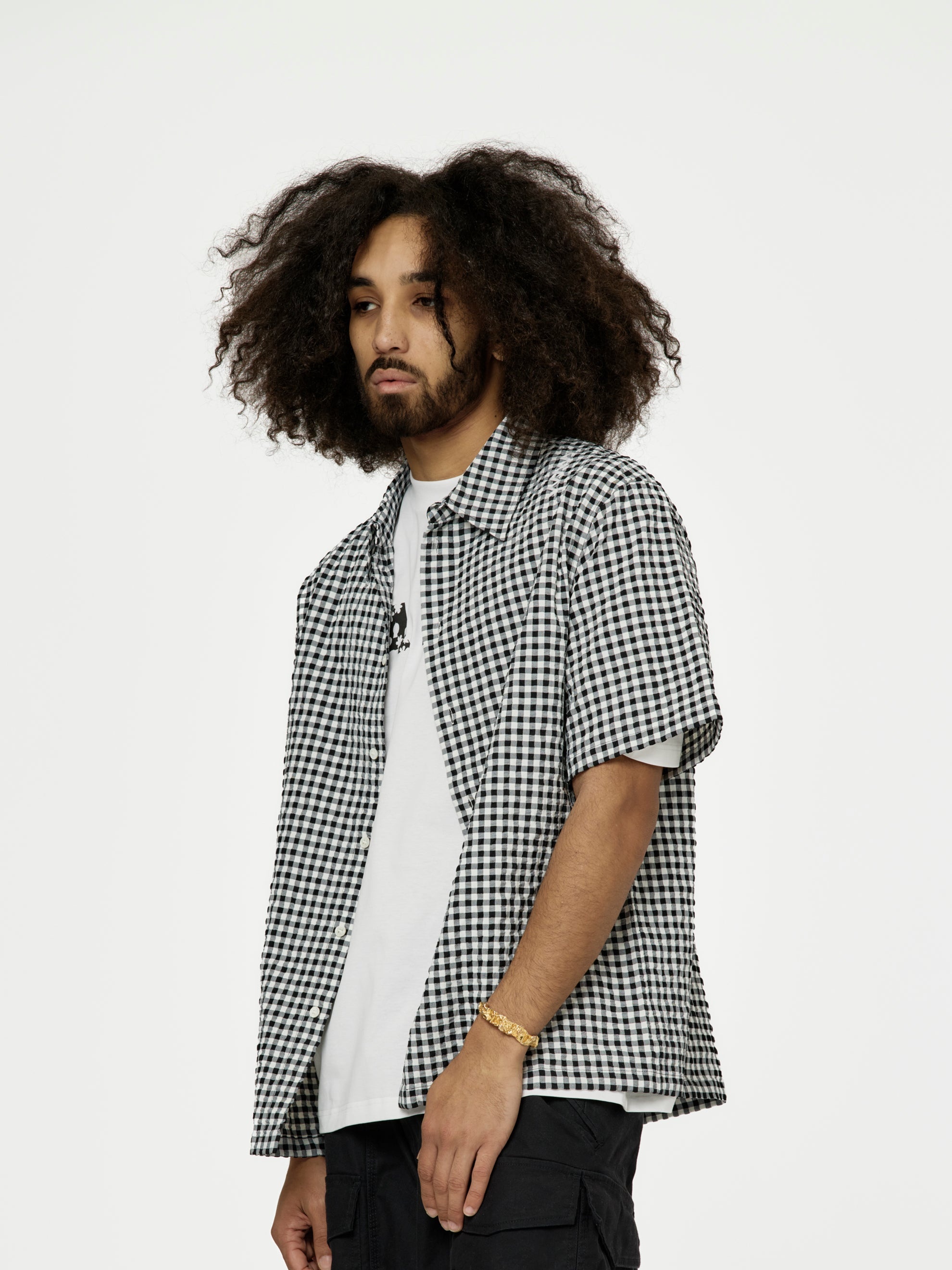 GINGHAM SEERSUCKER SHORT-SLEEVED SHIRT (BLACK) - 2