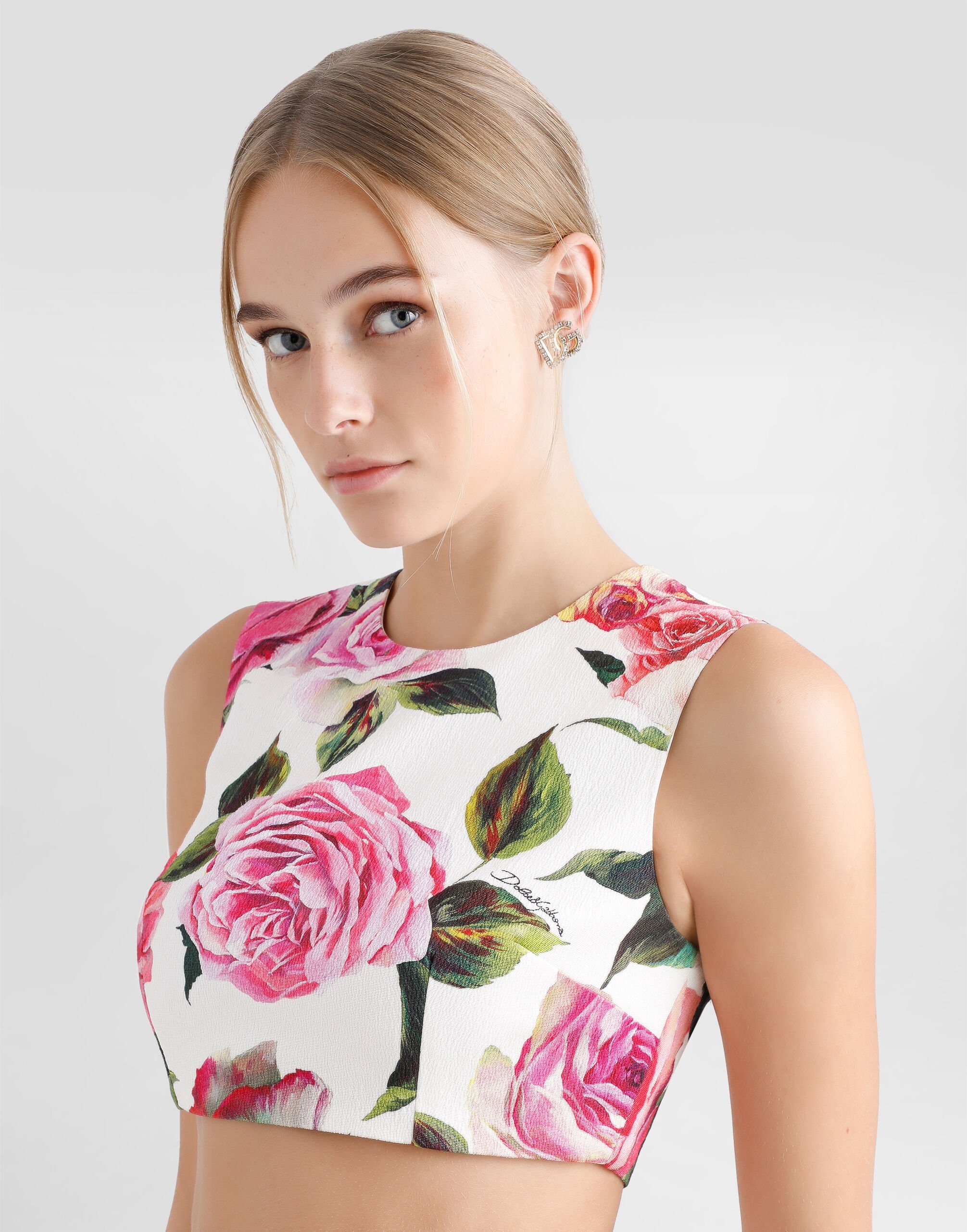 Cotton jacquard crop top with rose print - 4