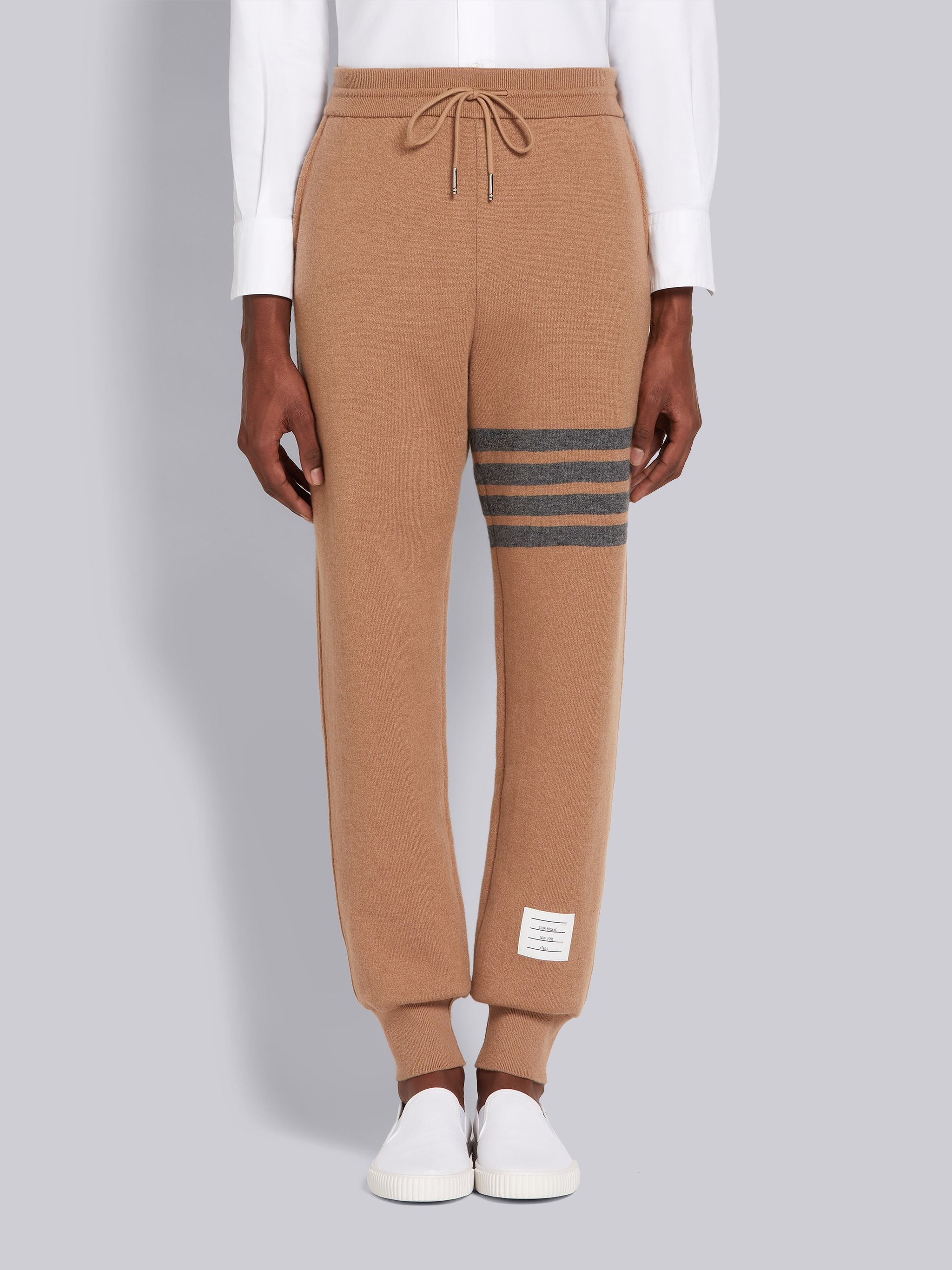 Camel Knitted Double Face Cashmere Engineered 4-Bar Stripe Sweatpants - 1