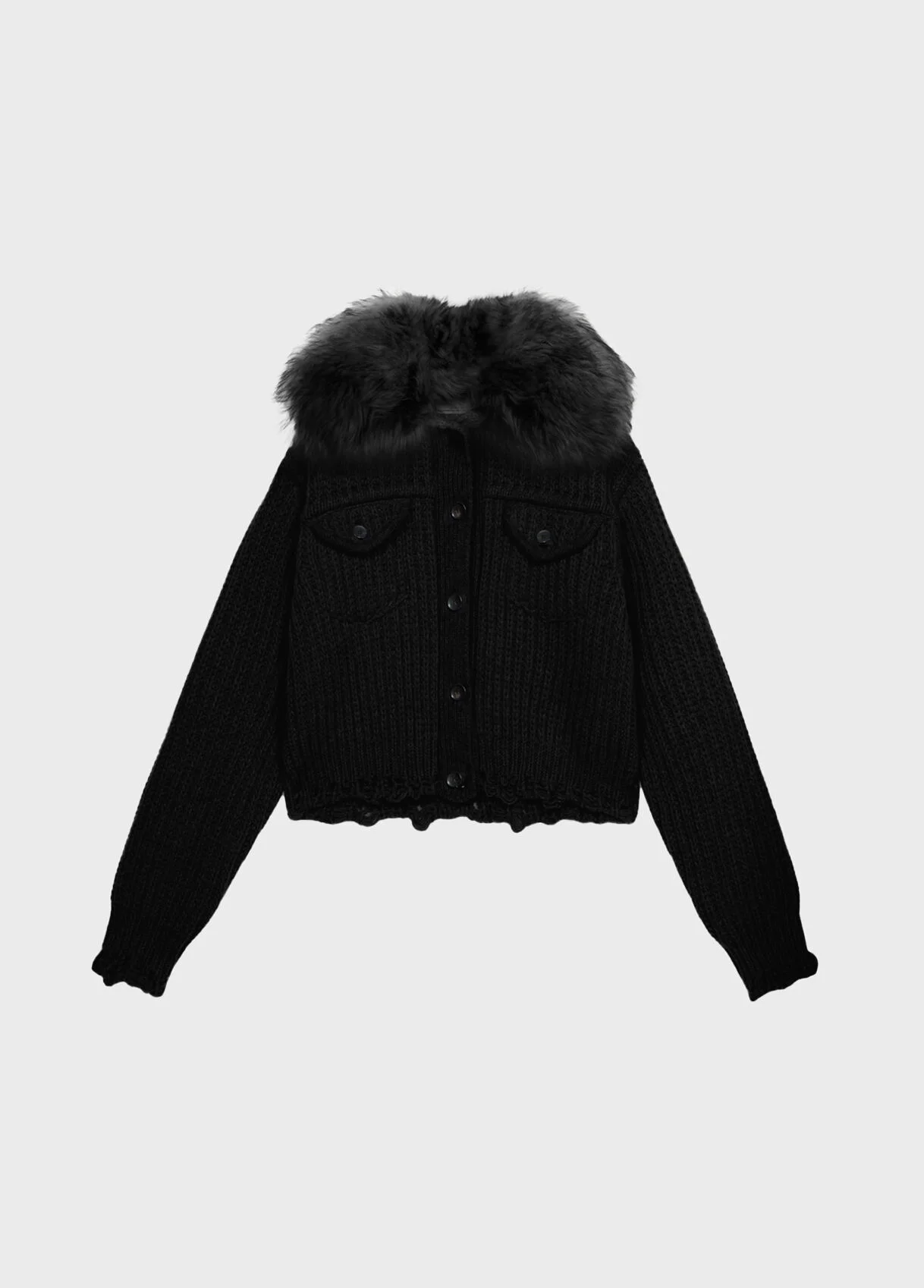 WOOL CARDIGAN WITH FAUX FUR COLLAR - 1