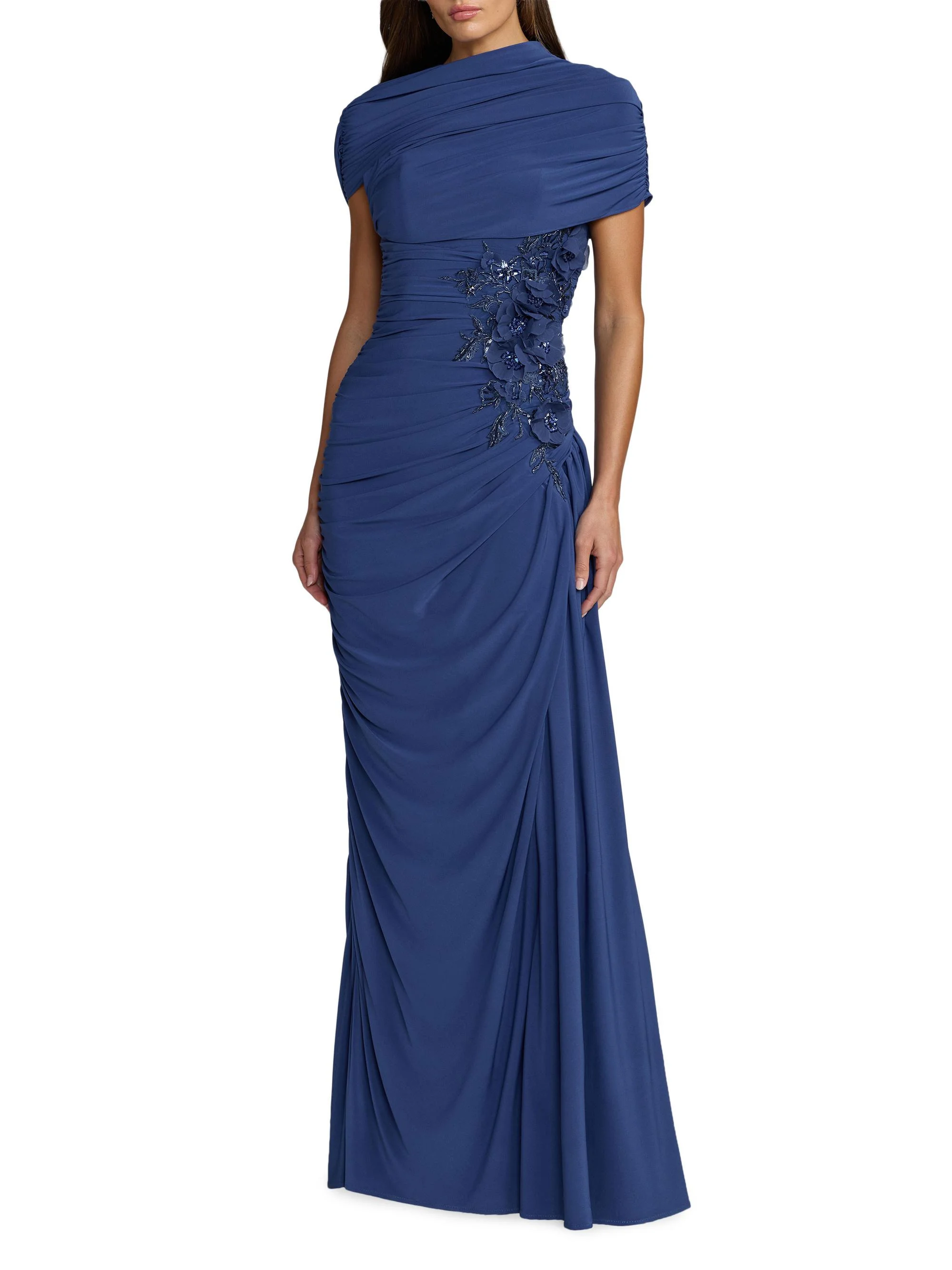 Women's Beaded Draped Jersey Column Gown - Sapphire - 1