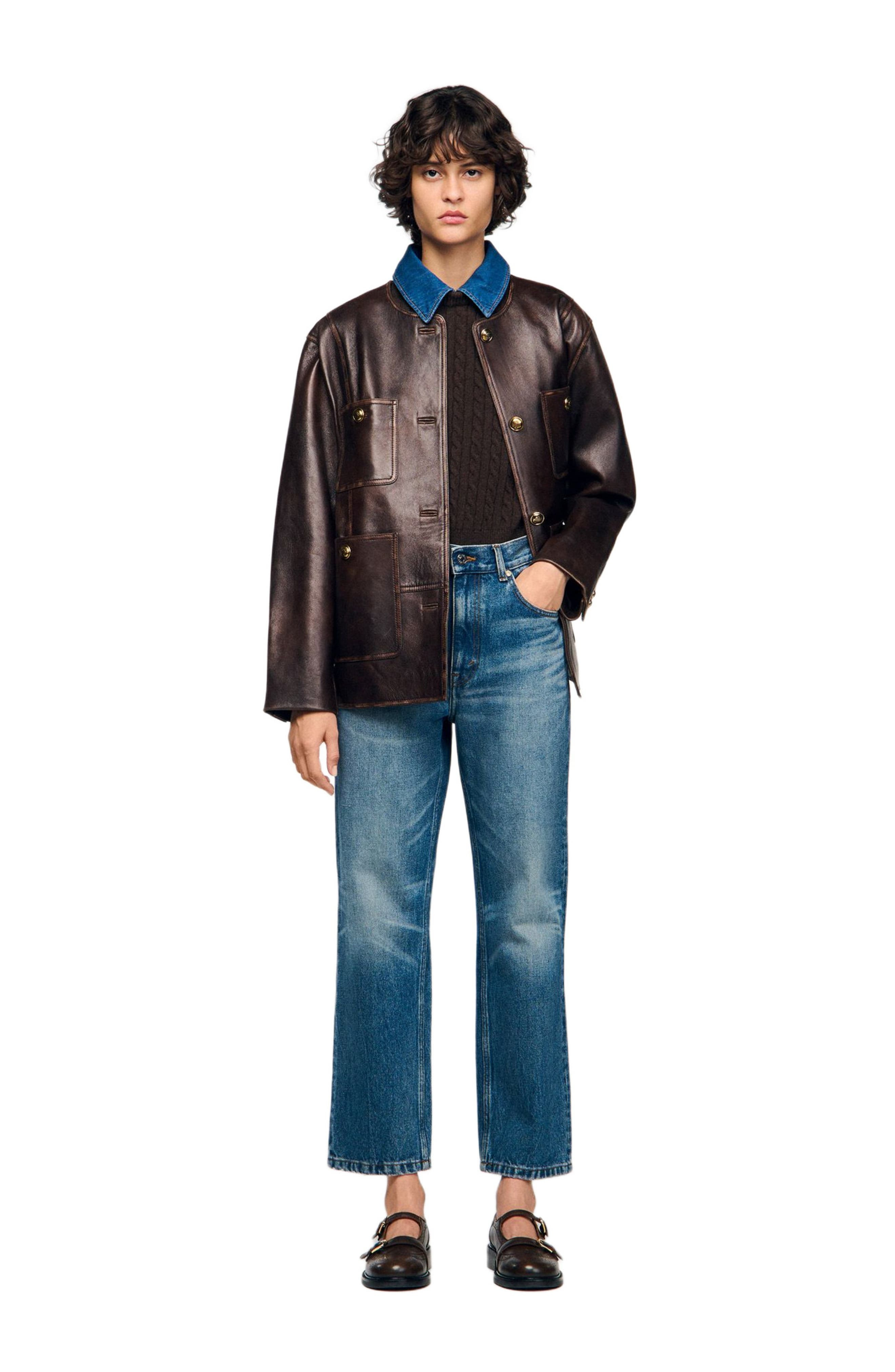 SANDRO Knit and denim sweater in Brown at Nordstrom - 7