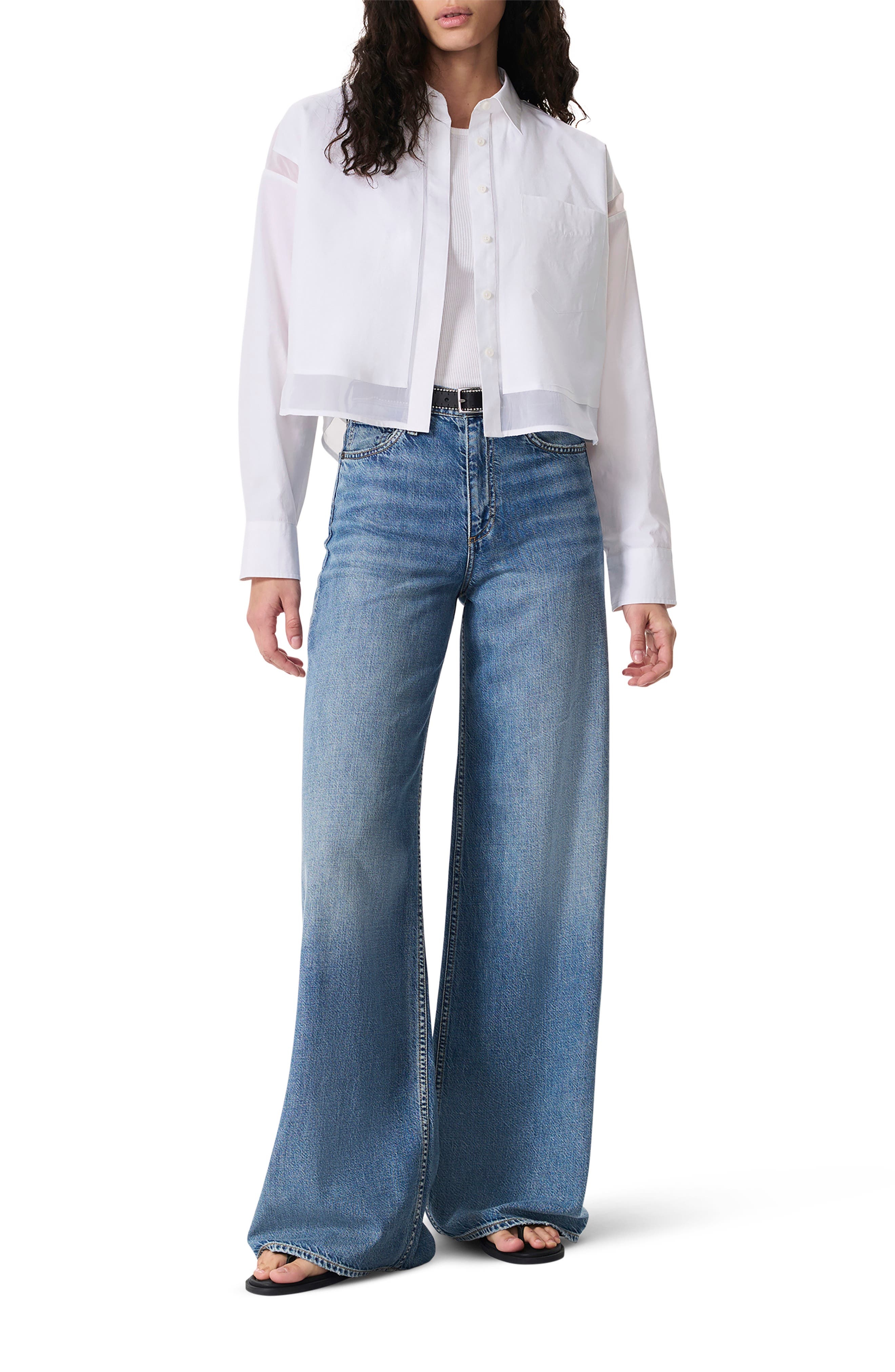 rag & bone Beatrice Mixed Media Crop Button-Up Shirt in White at Nordstrom - 4