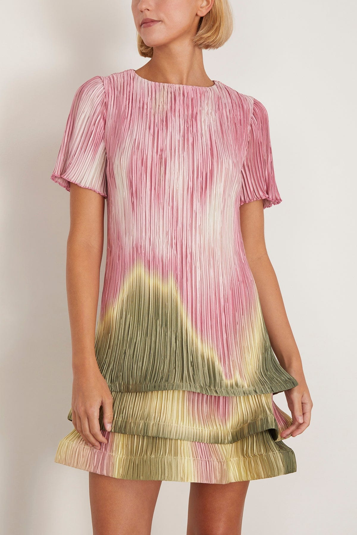 Zenon Short Sleeve Mini Dress in Olive Sunset Print - 3